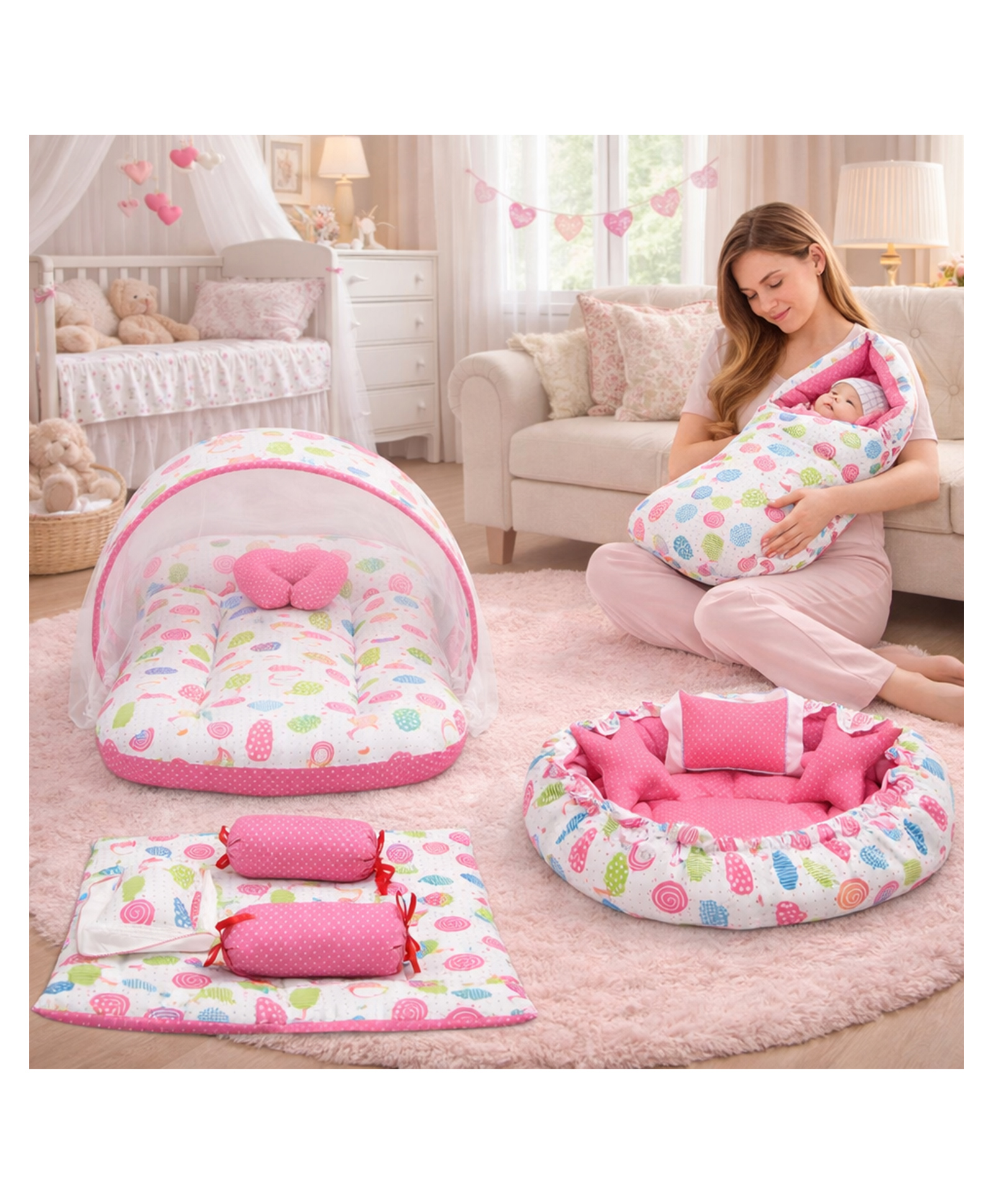 Fareto Baby Sleeping Essential Mattress with Net Bedding Set Combo Carry Bag, Peach