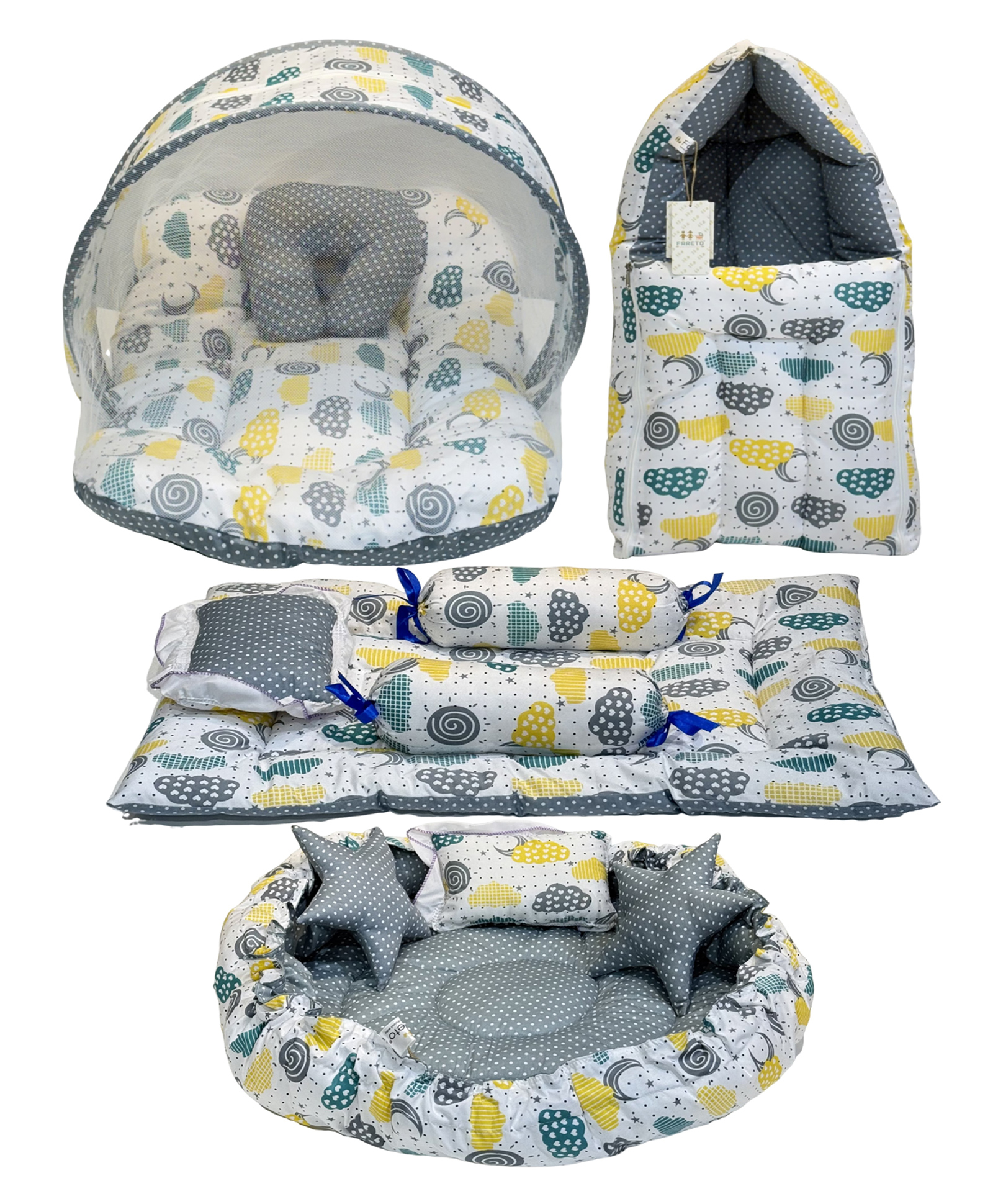 Fareto Baby Sleeping Essential Mattress with Net Bedding Set Combo Carry Bag, Grey