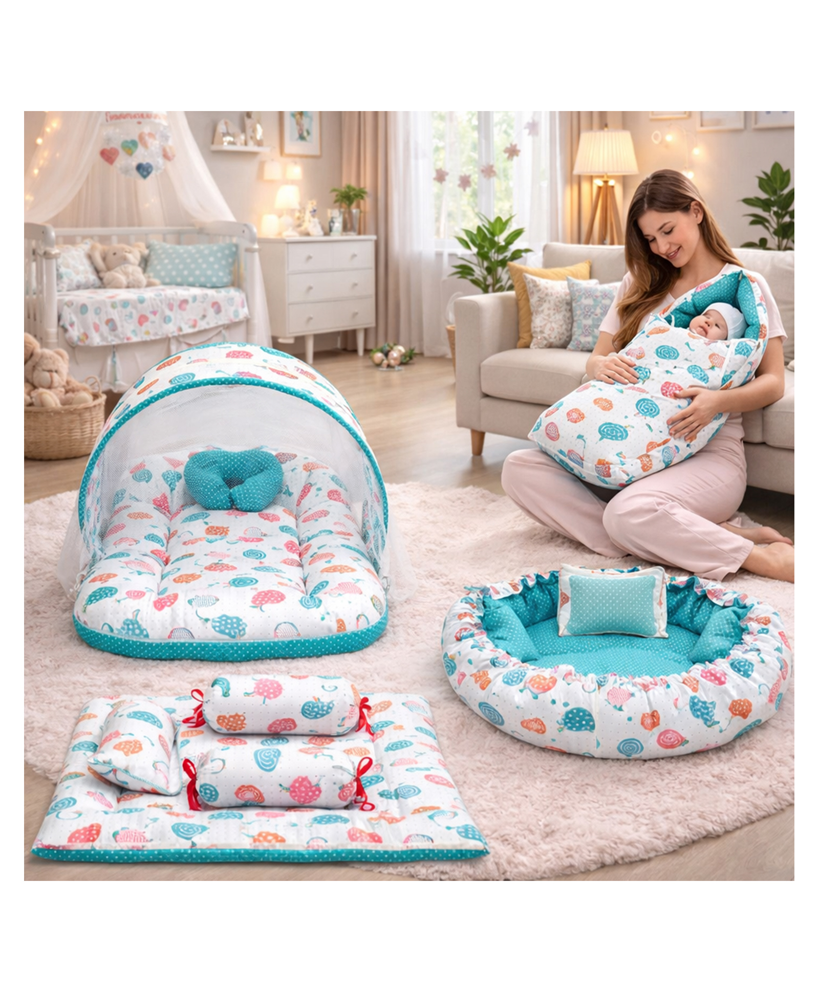 Fareto Baby Sleeping Essential Mattress with Net Bedding Set Combo Carry Bag, Pista Green