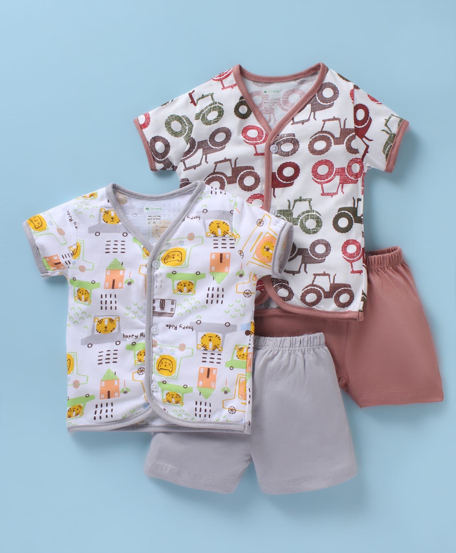 OHMS Single Jersey Knit Half Sleeves Shorts Night Suit With Vehicle Print Pack Of 2 - White & Rose Gold-image-6
