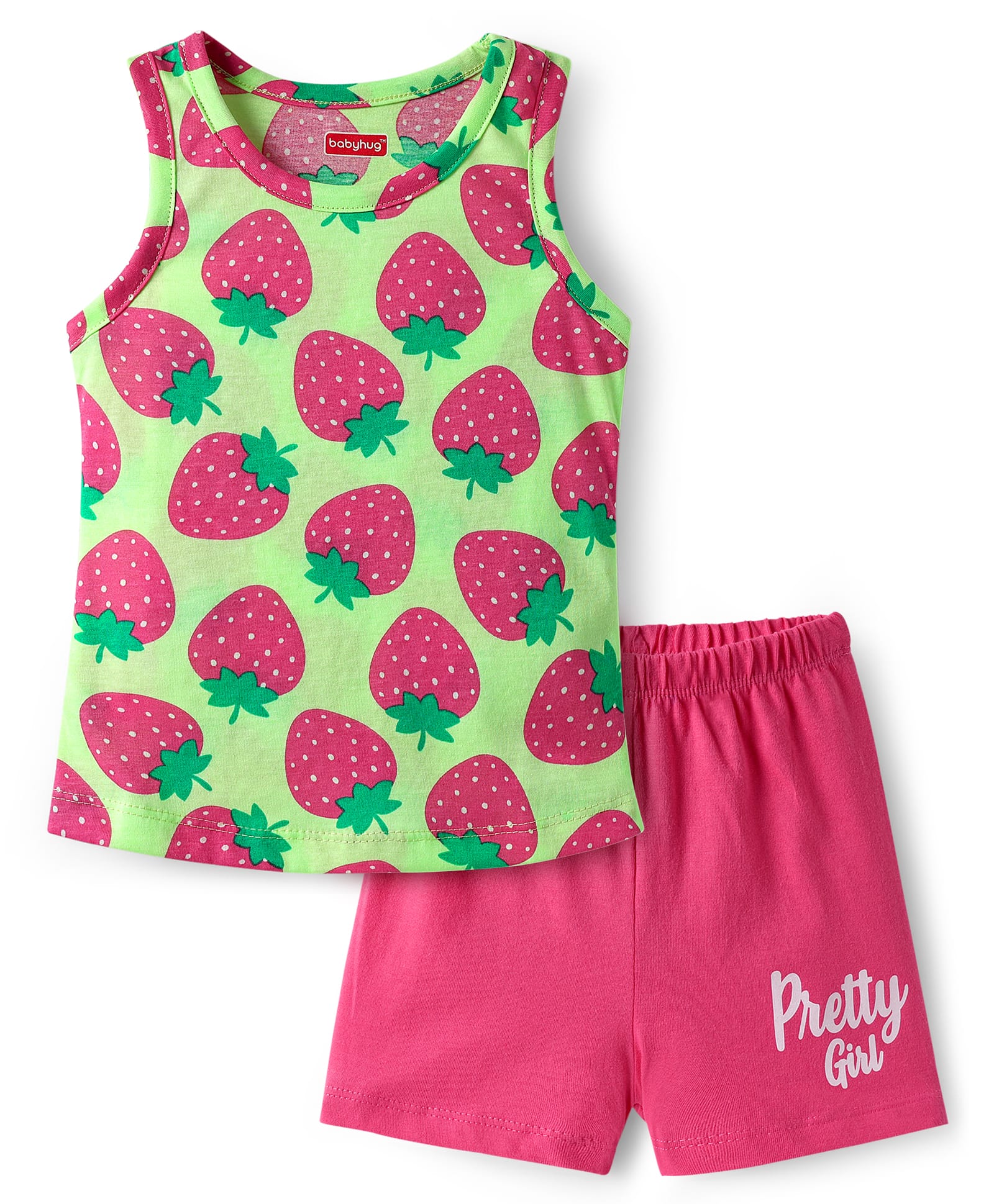 Babyhug 100% Cotton Knit Sleeveless Sando & Shorts Set With Strawberry Print - Light Green & Pink-image-35
