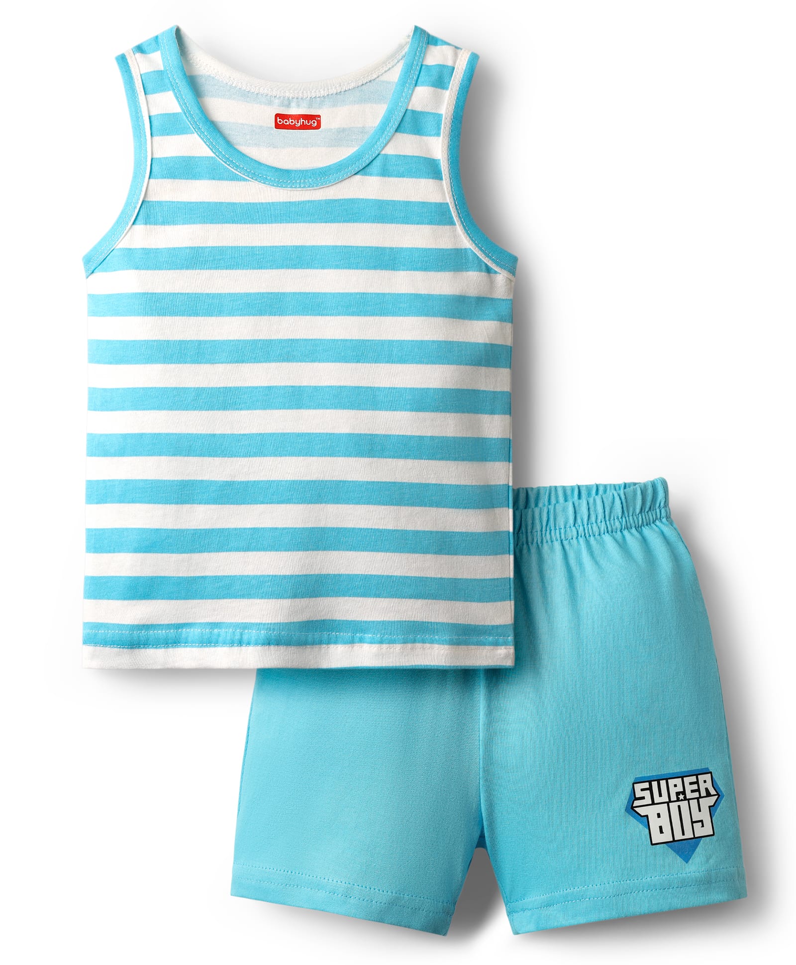 Babyhug 100% Cotton Single Jersey Knit Sleeveless Sando & Shorts Set With Stripes - Light Blue-picture-24