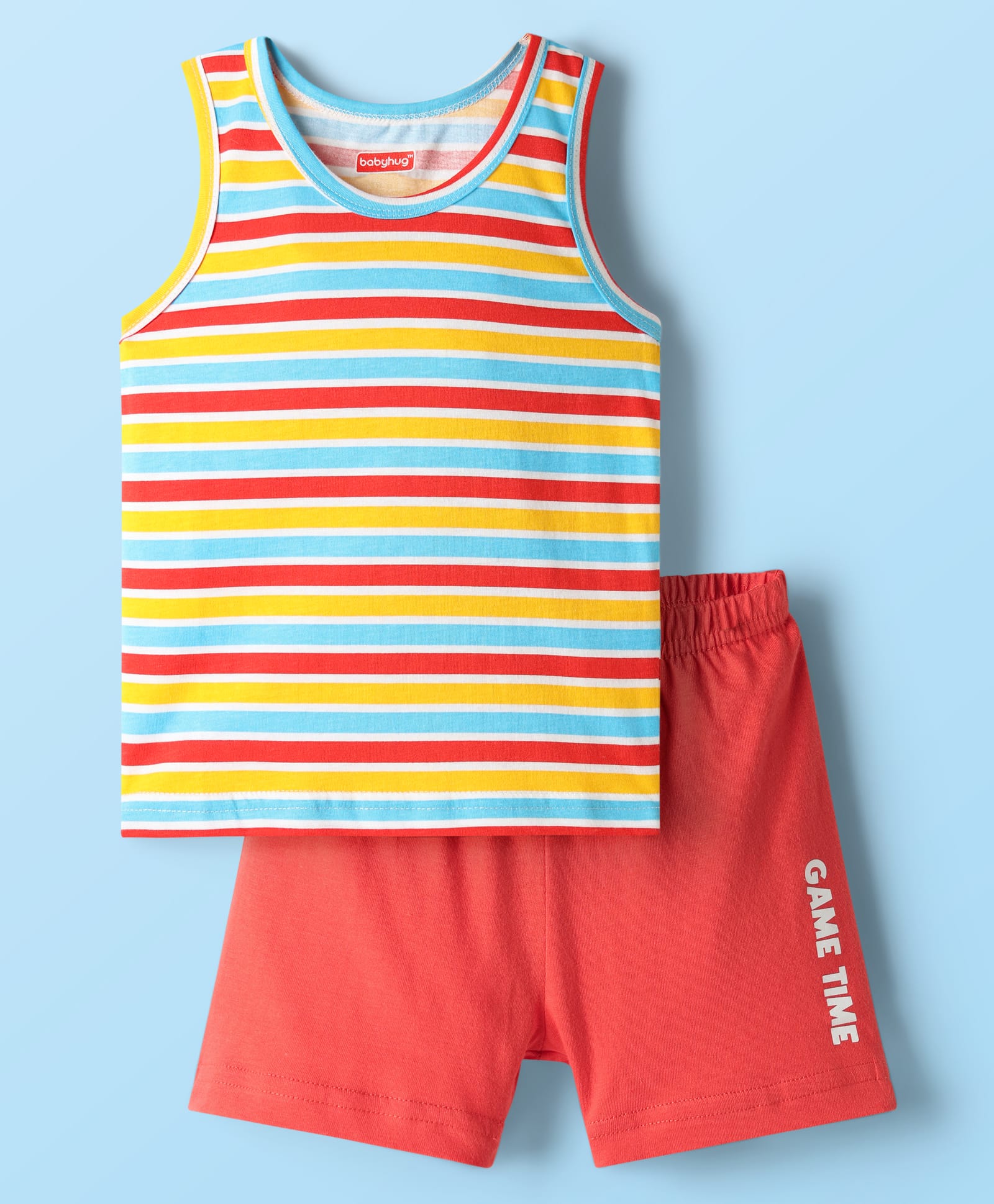 Babyhug 100% Cotton Sleeveless Striped Vests & Shorts With Text Print - Red & Yellow-image-11