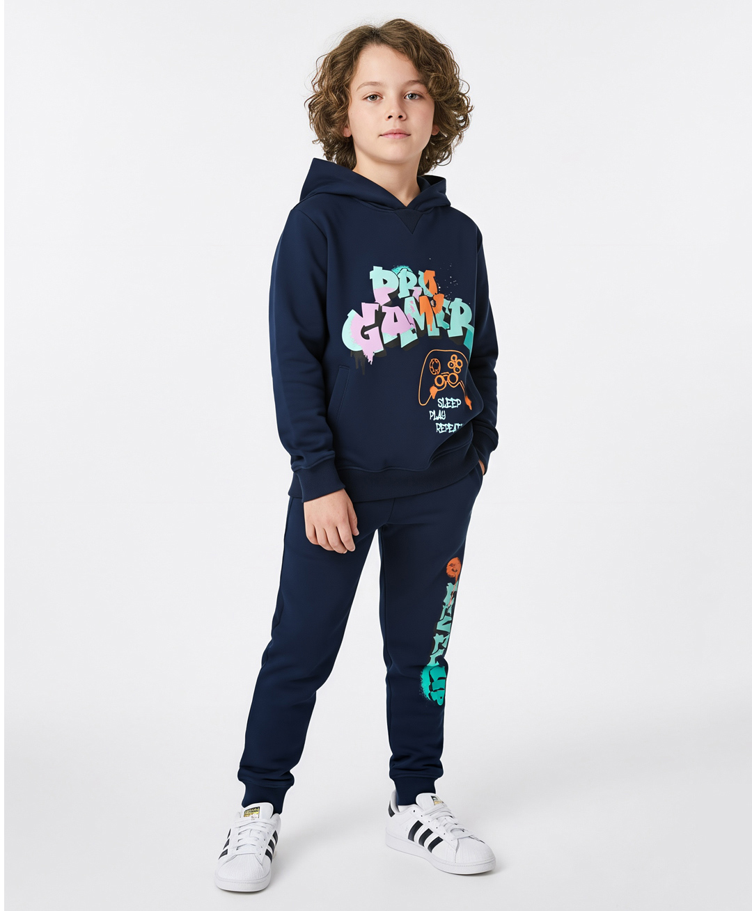 Primo Gino Cotton French Terry Oversized Drop Shoulder Full Sleeves Hooded T-Shirt & Jogger Pant Set With Text Print - Navy Blue-picture-20
