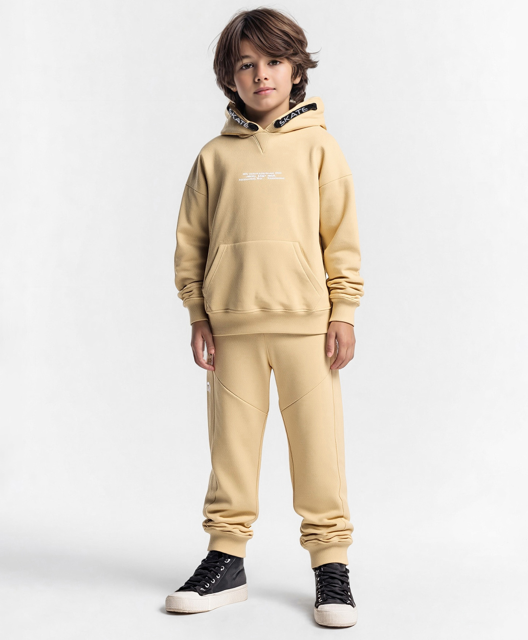 Primo Gino Boys 100% Cotton French Terry Knit Oversized Drop Shoulder Full Sleeves Hoodie & Jogger Set with Text Print & Kangaroo Pocket - Beige-image-4