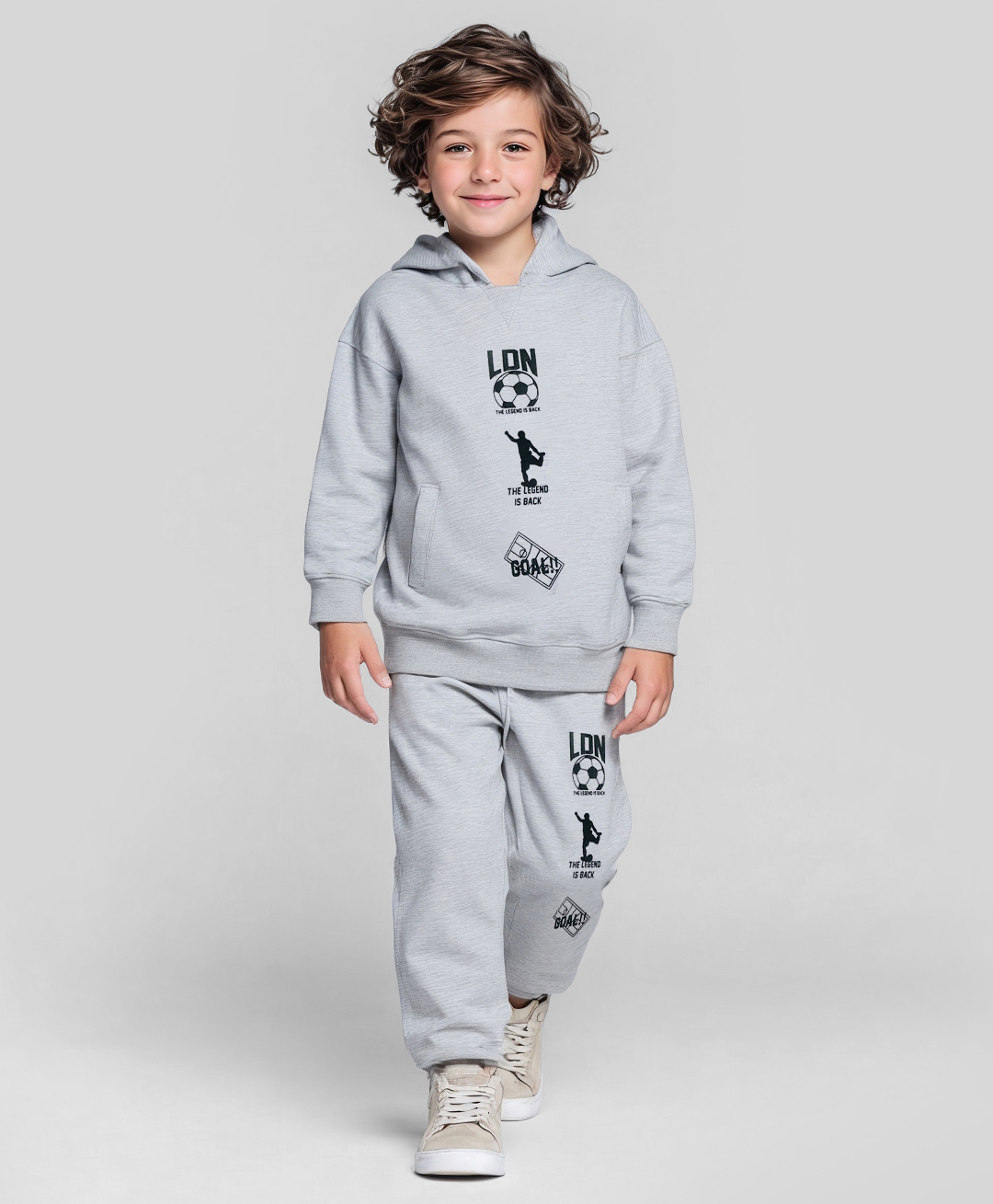 Primo Gino Cotton French Terry Knit Drop Shoulder Full Sleeves Oversized Hooded Sweatshirt & Joggers with Football Print - Grey-picture-13