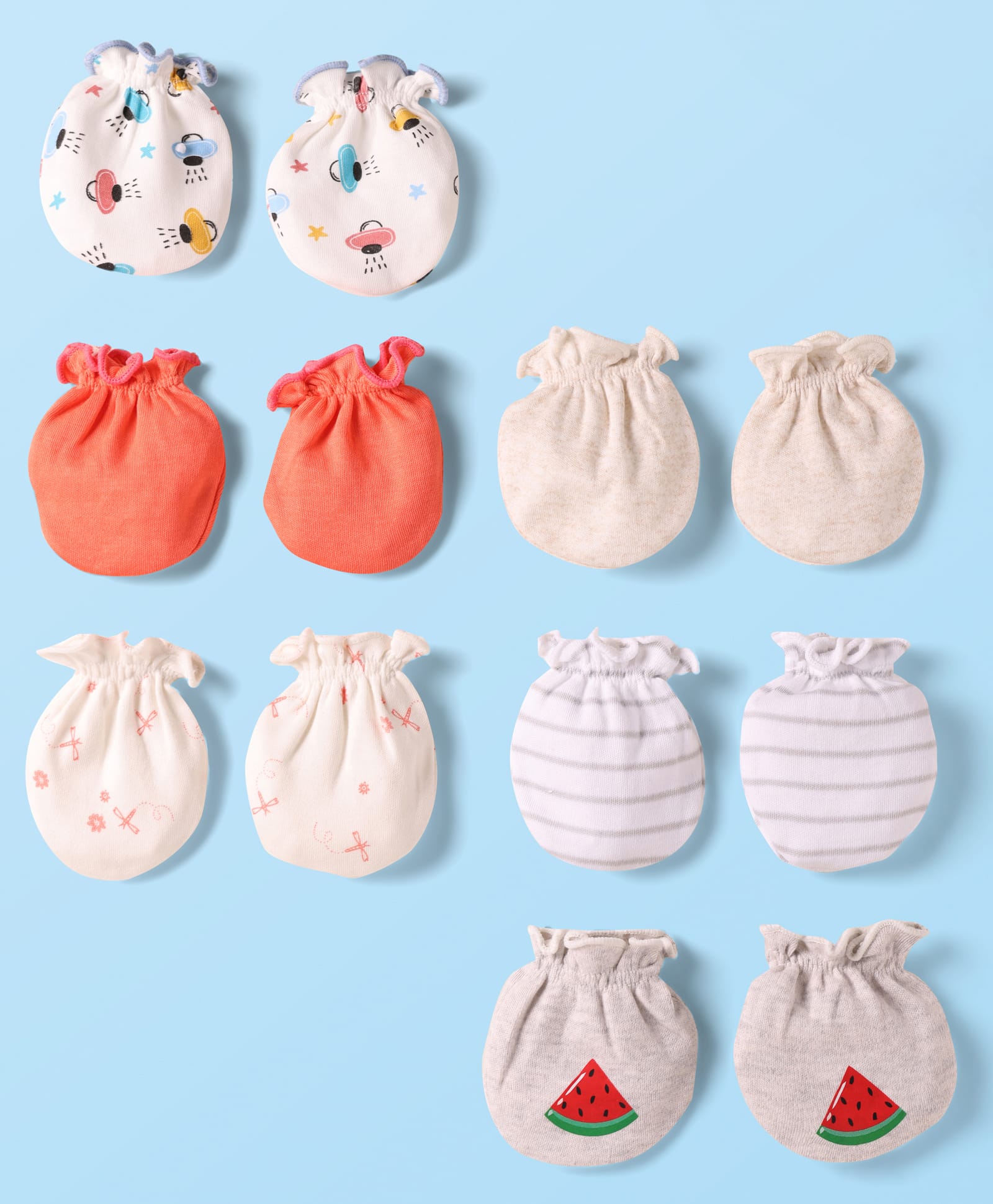 Ben Benny Interlock Knit Mittens with Stripes & Watermelon Print Pack of 6 - Coral & White-image-46