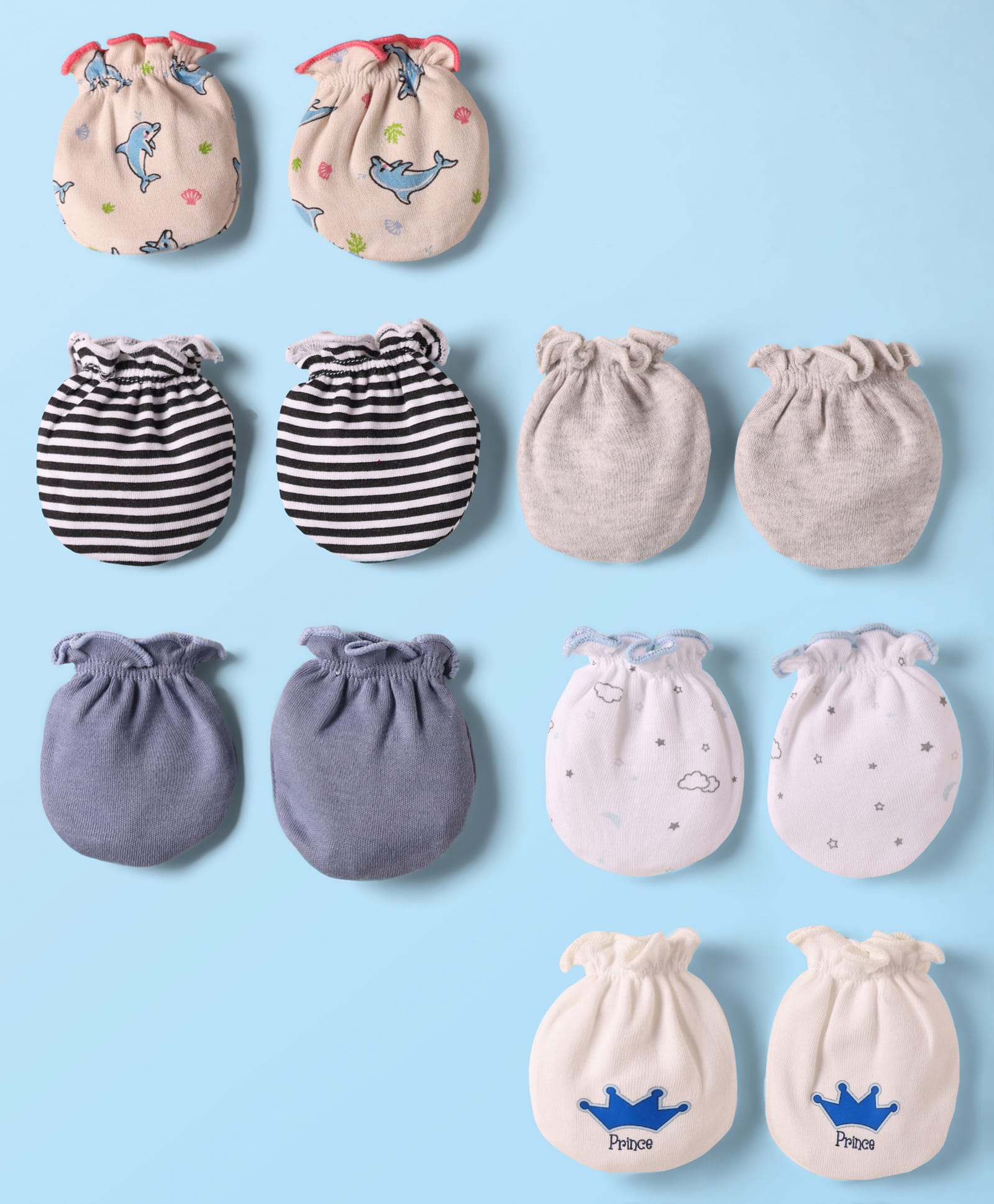 Ben Benny Interlock Knit Mittens with Stripes & Sea Life Print Pack of 6 - Grey & White-image-42