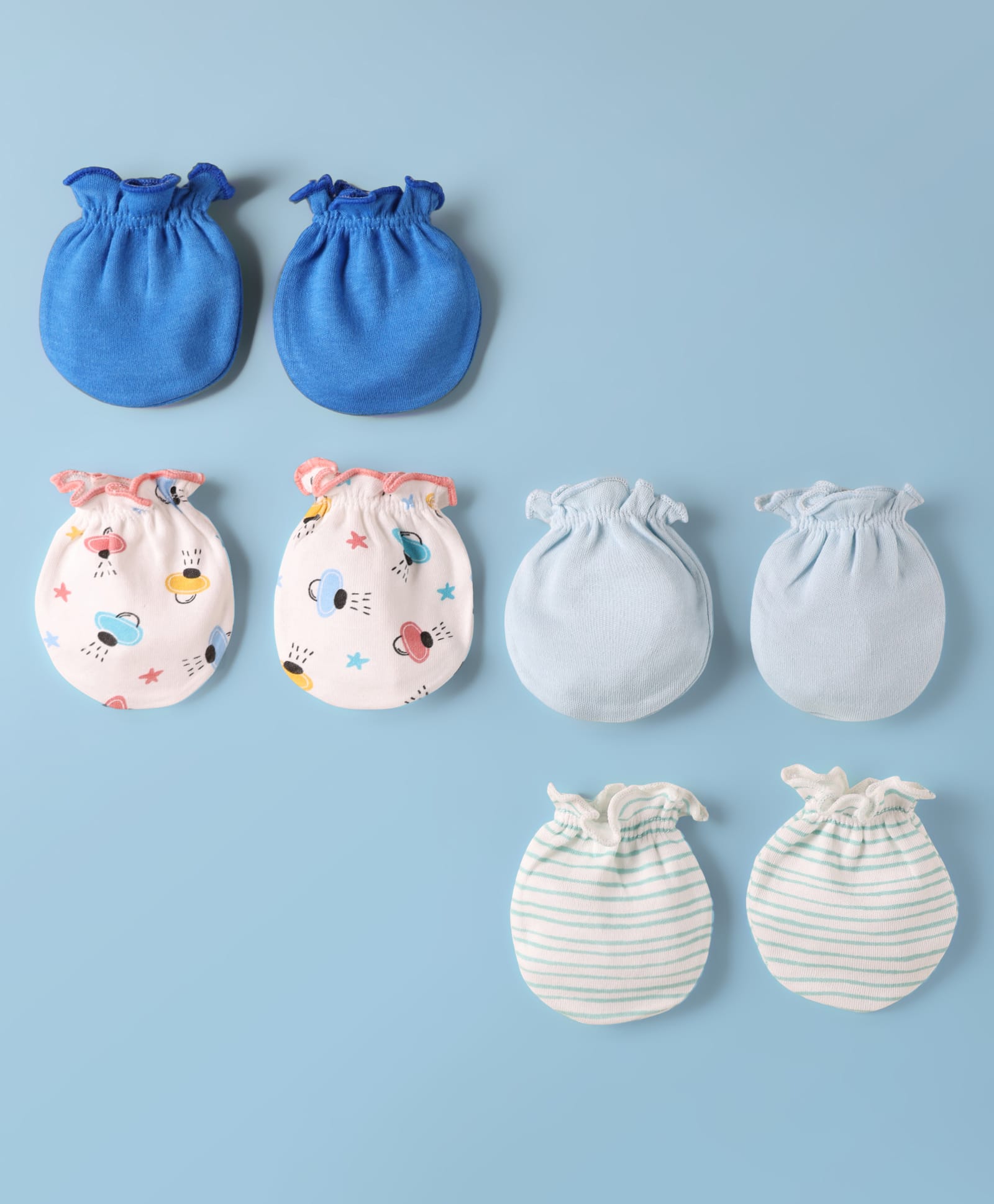 Ben Benny Interlock Knit Mittens with Stripes & Spaceship Print Pack of 4 - Blue & White-image-2