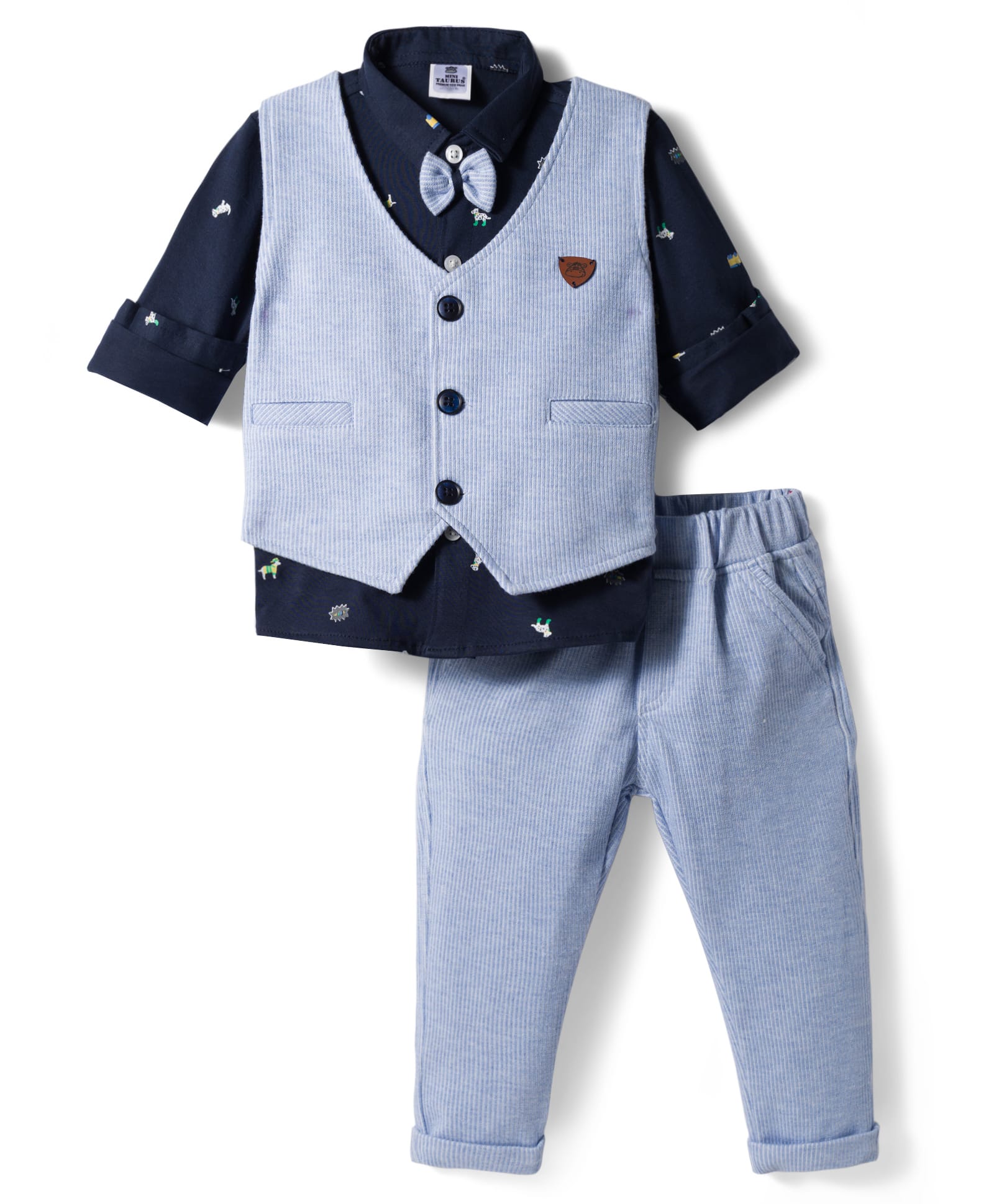 Mini Taurus Cotton Knit Full Sleeves Animal & Car Printed 3 Piece Party Suit with Attached Bow - Light Blue & Navy Blue-picture-30