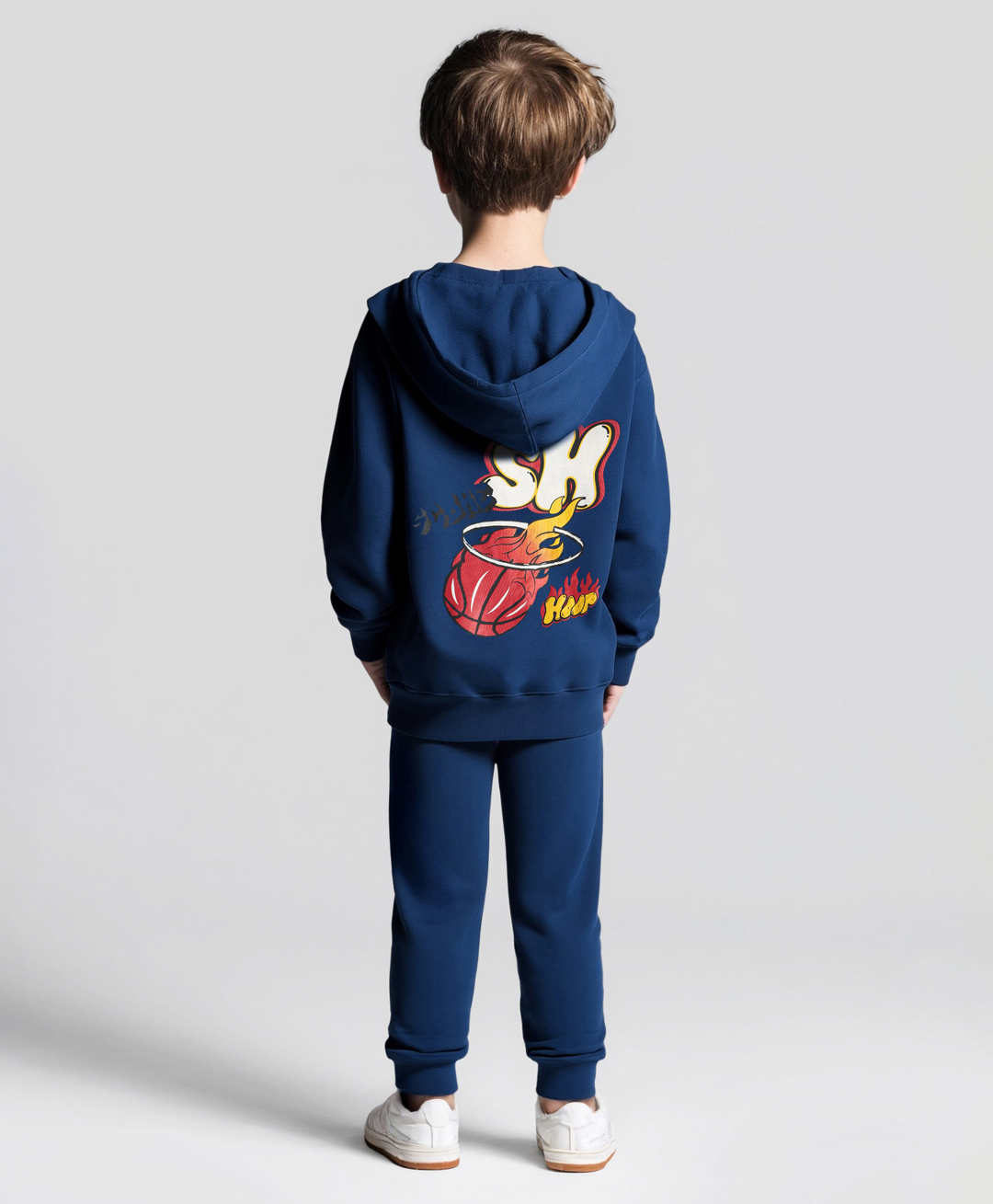 Primo Gino 100% Cotton French Terry Oversized Drop Shoulder Full Sleeves Hooded T-Shirt & Jogger Pant Set With Text Print - Blue-picture-26