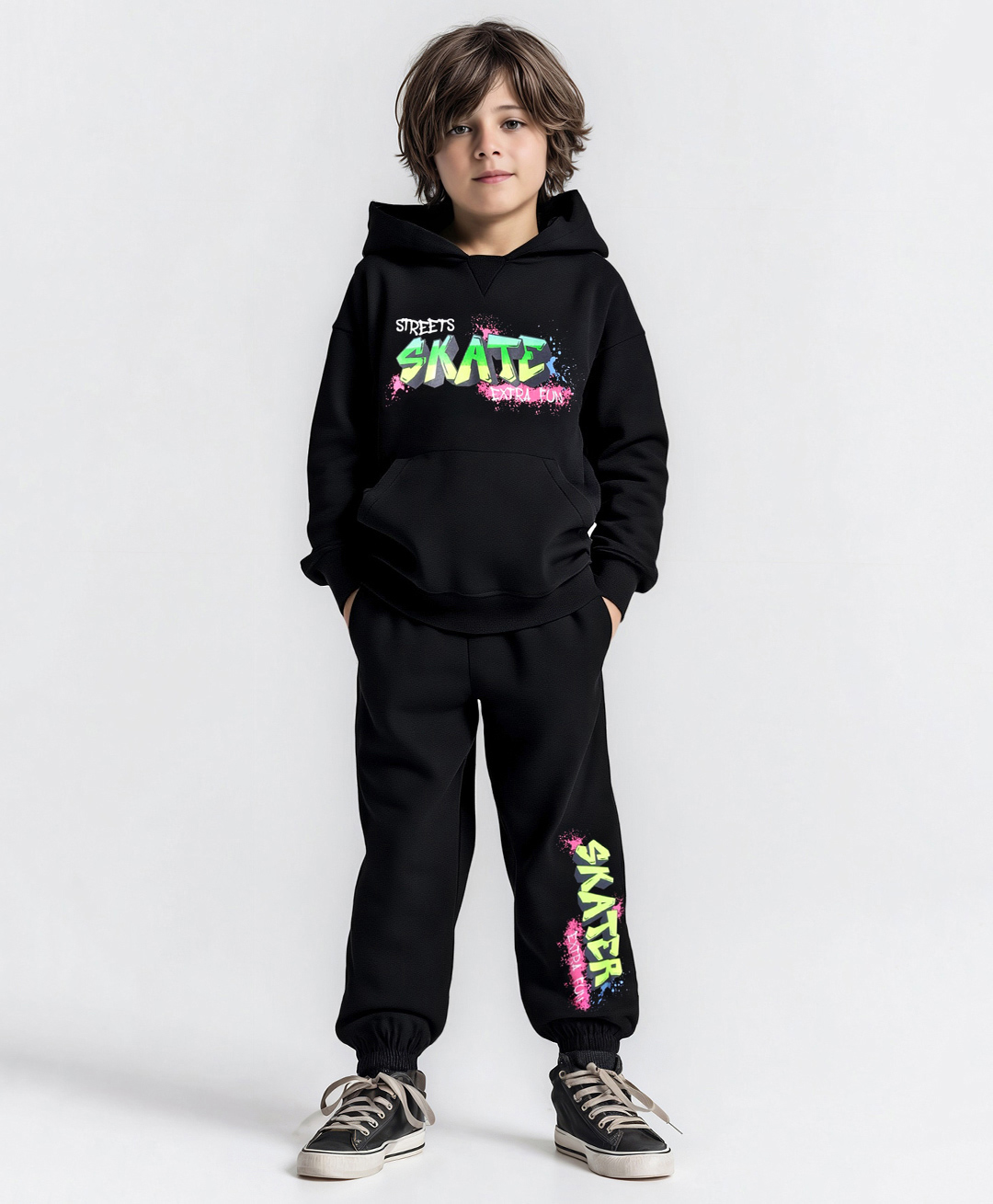 Primo Gino Boys 100% Cotton French Terry Knit Oversized Drop Shoulder Full Sleeves Hoodie Sweatshirt with & Jogger Set with Street Skate Print - Black-picture-15
