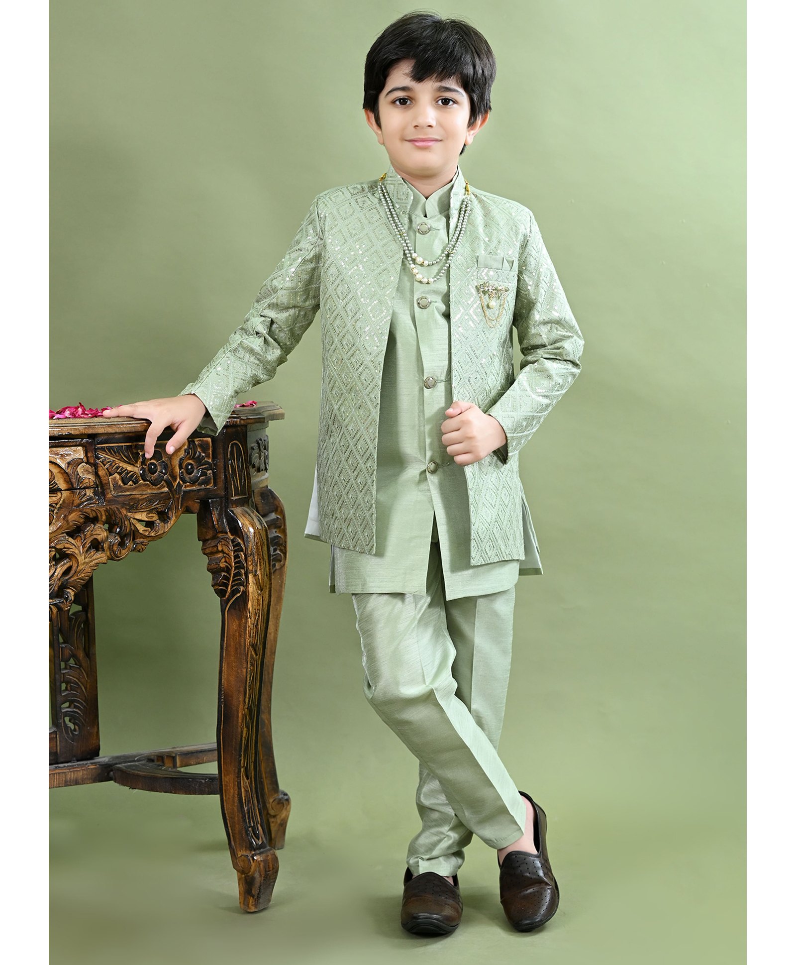 BT DEZINES Silk Blend Woven Full Sleeves Solid Sherwani & Pant With Ethnic Embroidered Jacket & Necklace Set - Light Green-image-19