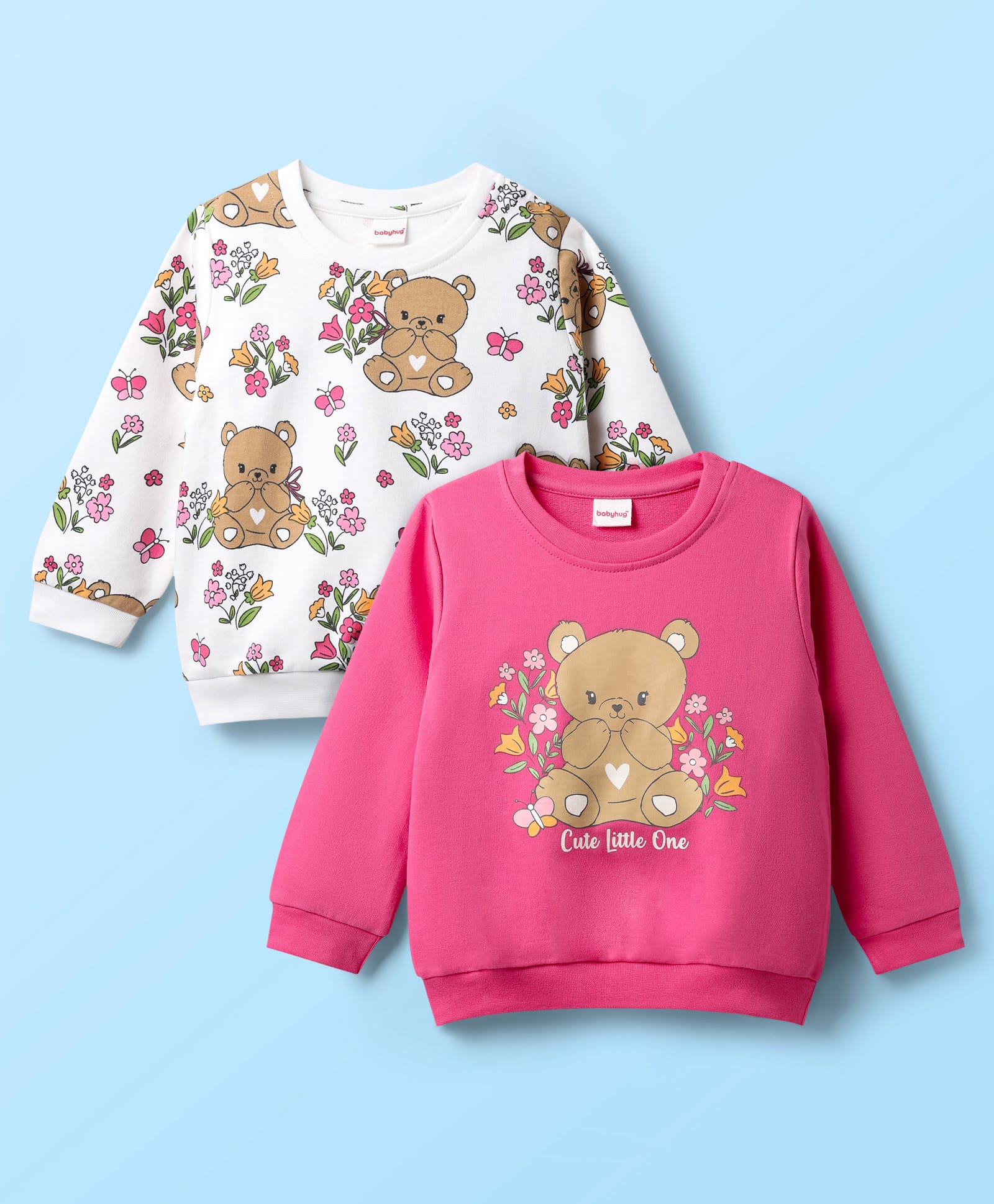 Babyhug Cotton Knit Full Sleeves Sweatshirts with Floral & Bear Print Pack of 2 - White & Pink-image-31