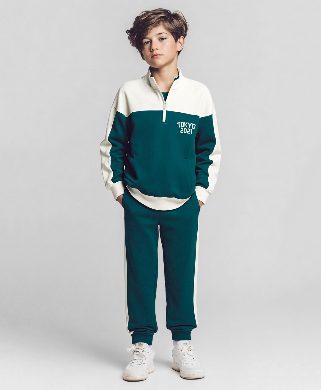 Primo Gino 100% Cotton French Terry Knit Drop Shoulder Full Sleeves Oversized Color Block Sweatshirt and Jogger Set- Dark Green & White-image-14
