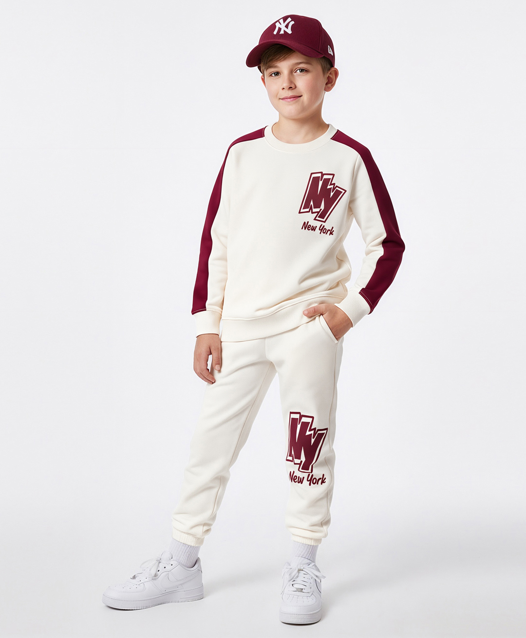 Primo Gino 100% Cotton Knit French Terry Oversized Drop Shoulder Full Sleeves Color Block Sweatshirt and Jogger Set With New York Text Print- White & Maroon-image-34