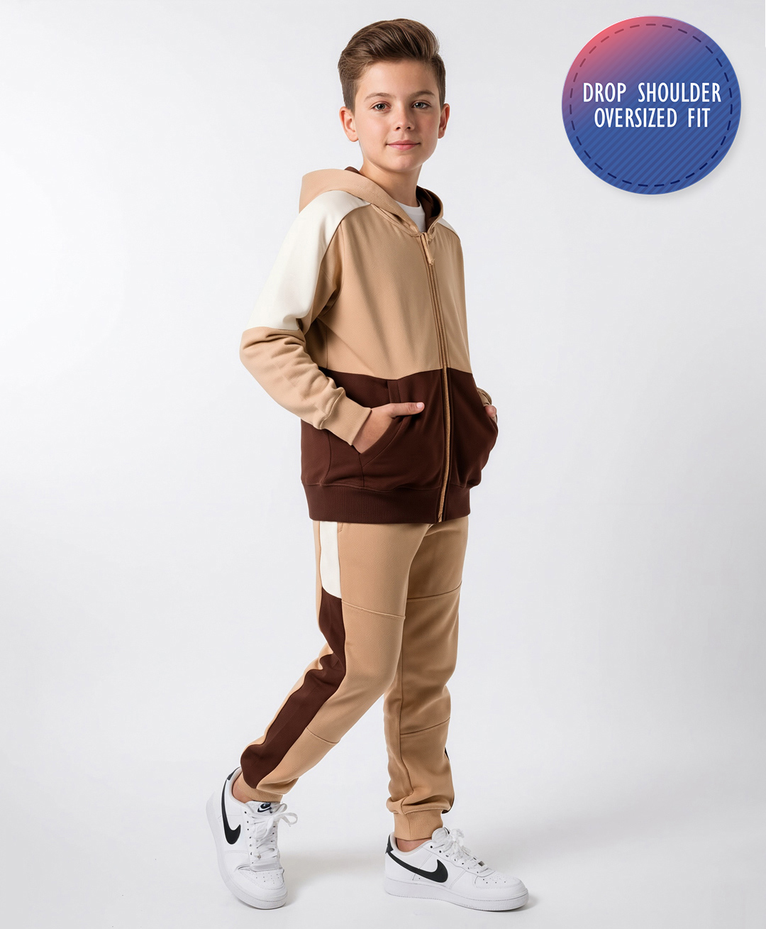 Primo Gino 100% Cotton French Terry Oversized Drop Shoulder Full Sleeves Color Block Zipper Hooded Jacket and Jogger Set- Tan & Brown-image-36