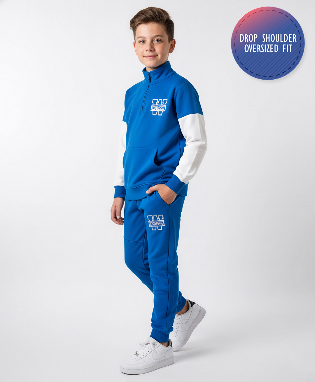 Primo Gino 100% Cotton French Terry Oversized Drop Shoulder Full Sleeves Color Block High Neck Zipper Sweatshirt and Jogger Set with Kangaroo Pockets Chelsea Text Print - White & Blue-image-25