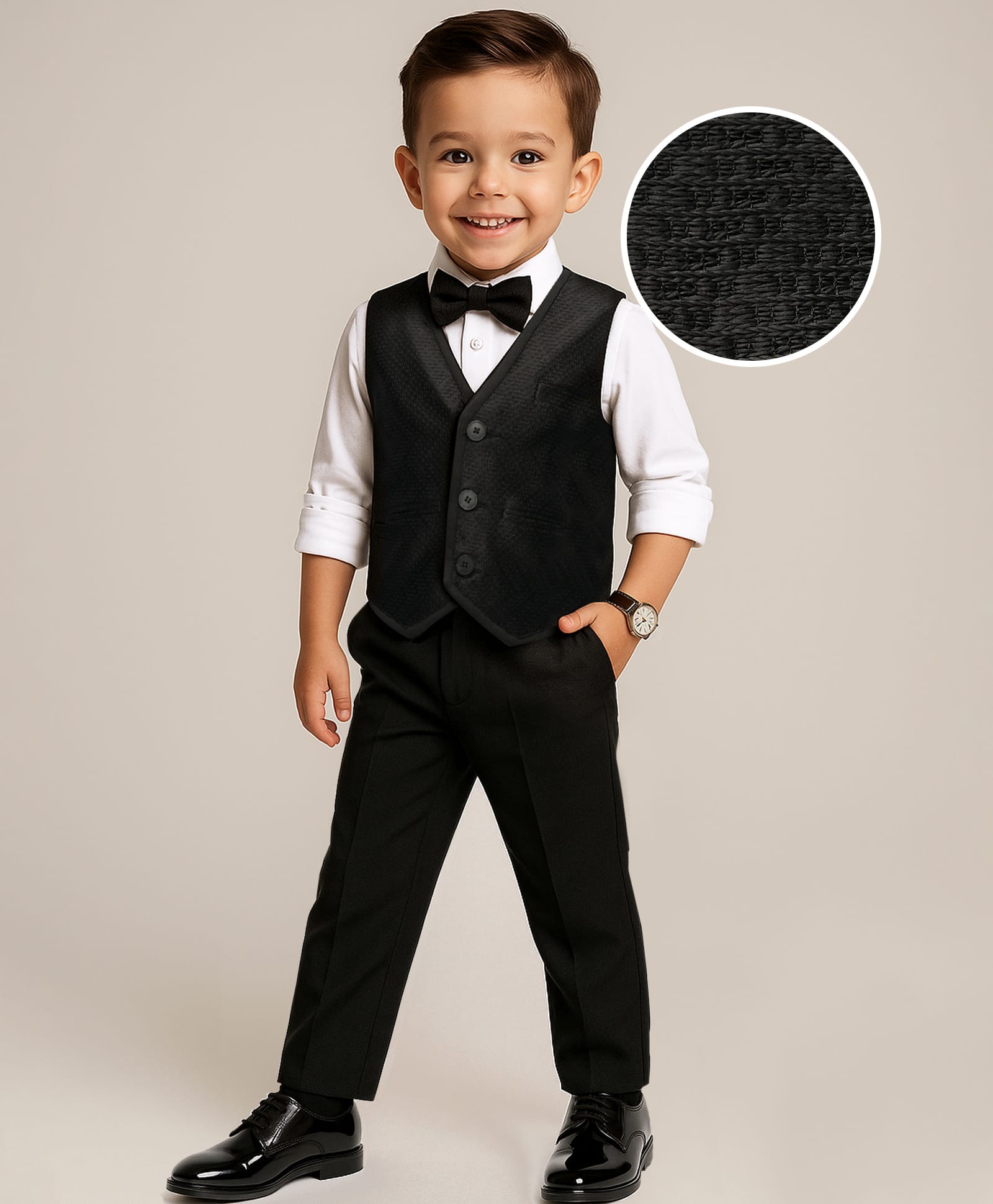 Babyhug Woven Full Sleeves Solid 3 Piece Party Suit With Bow - Black & White-image-43