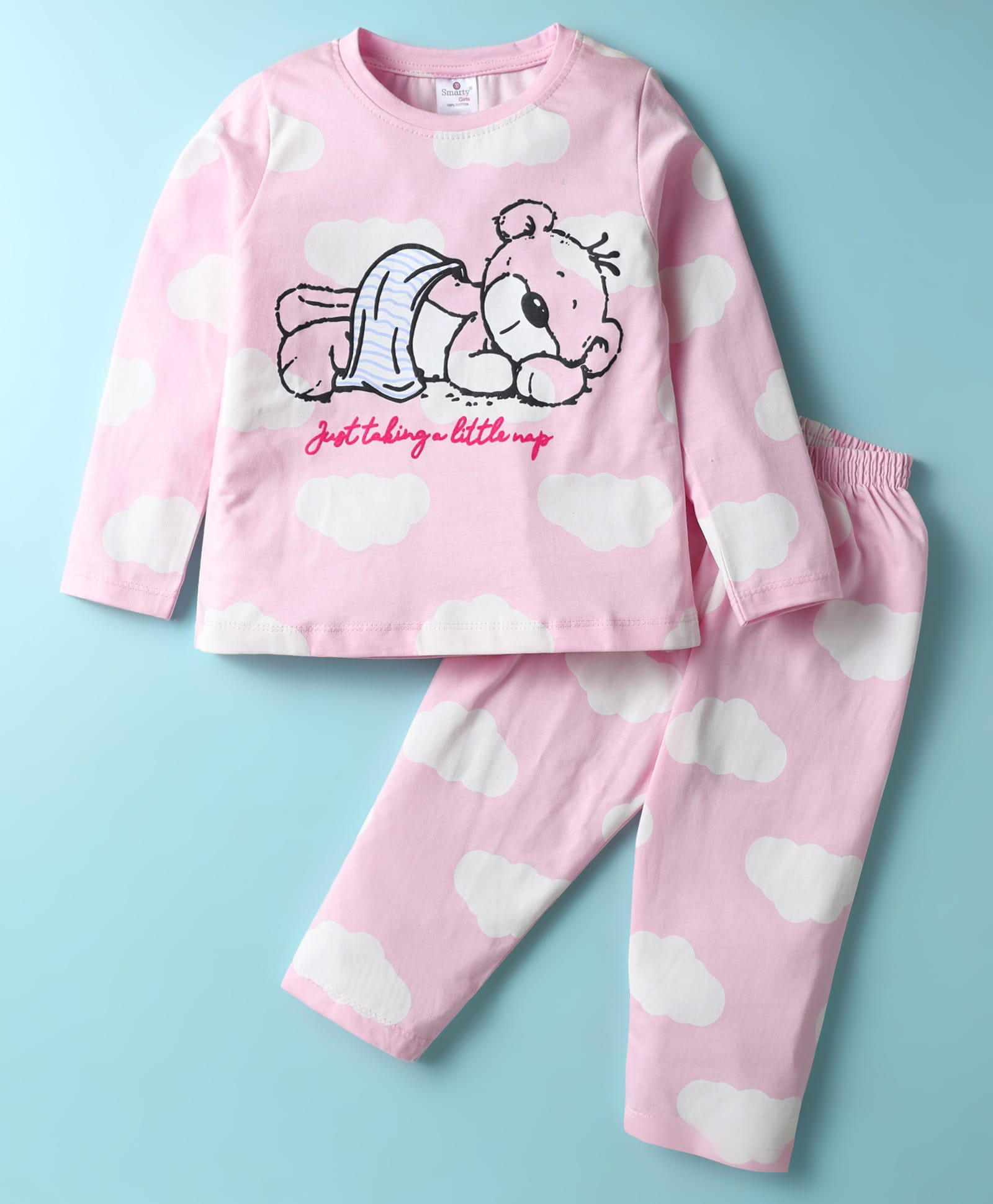 smarty girls Smarty Sinker Knit Full Sleeves Co-ord Night Suit with Cloud Print - Pink-picture-17