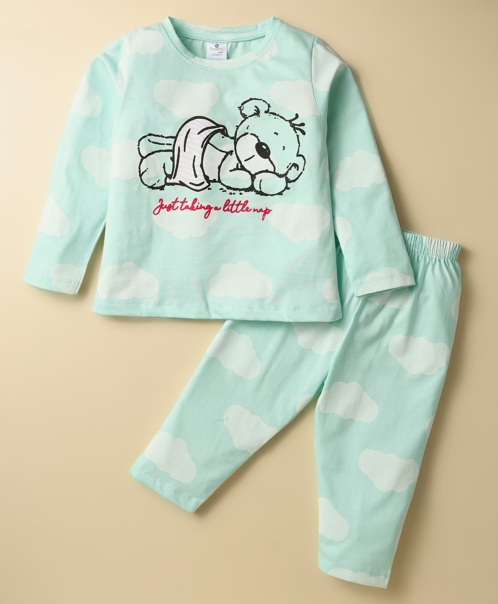 smarty girls Smarty Sinker Knit Full Sleeves Co-ord Night Suit with Cloud Print - Aqua Blue-picture-16