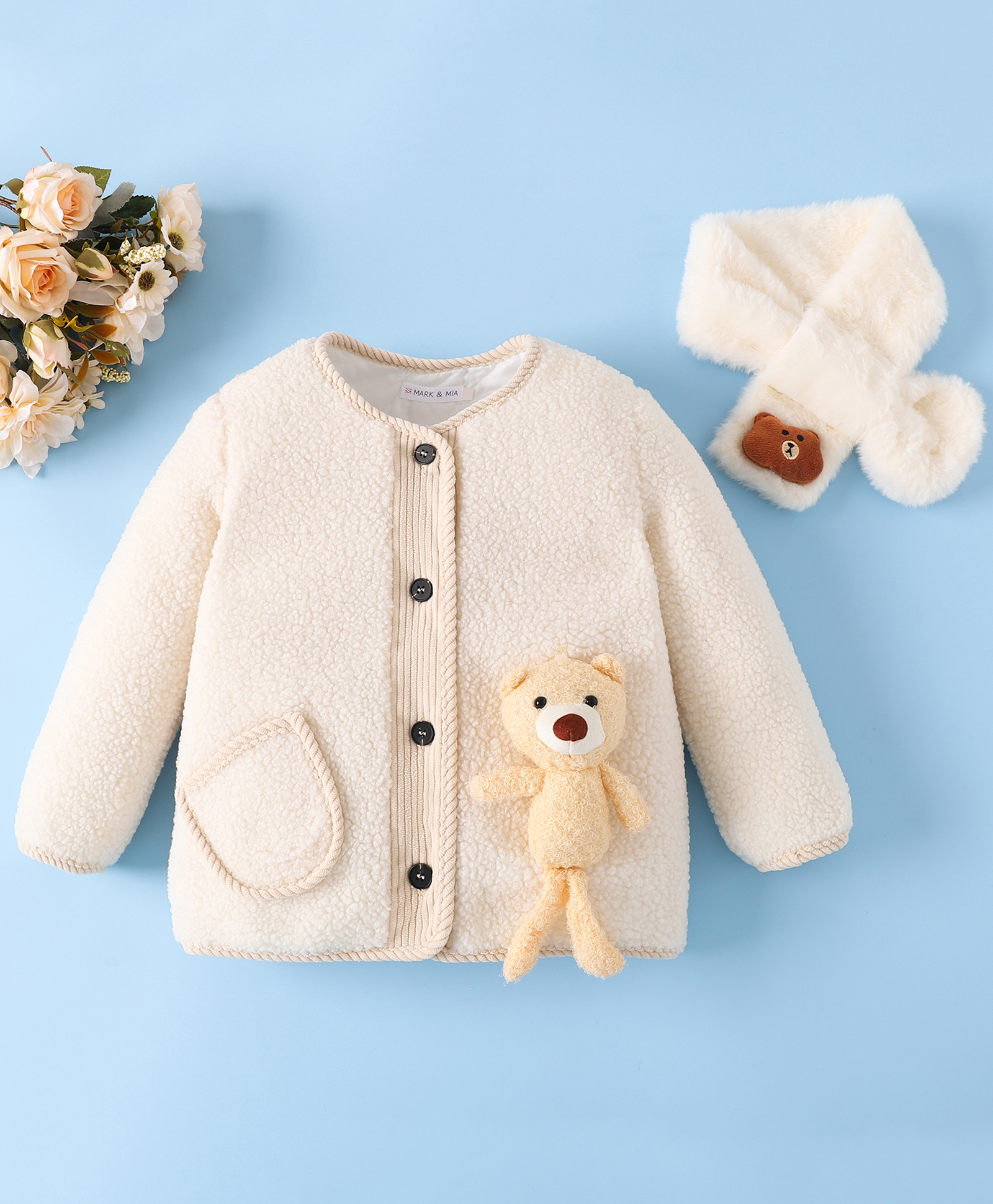 Mark & Mia Full Sleeves Fur Winter Jacket With Teddy Bear Applique & Muffler - Beige-picture-14