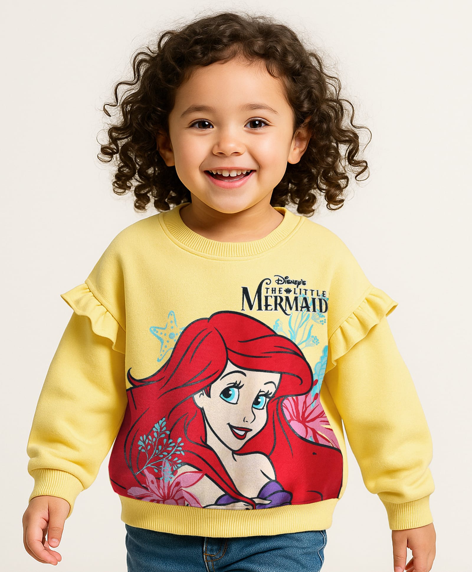 Babyhug Disney Terry Knit Full Drop Shoulder Sleeves Sweatshirt With Ariel Graphics - Yellow-image-6