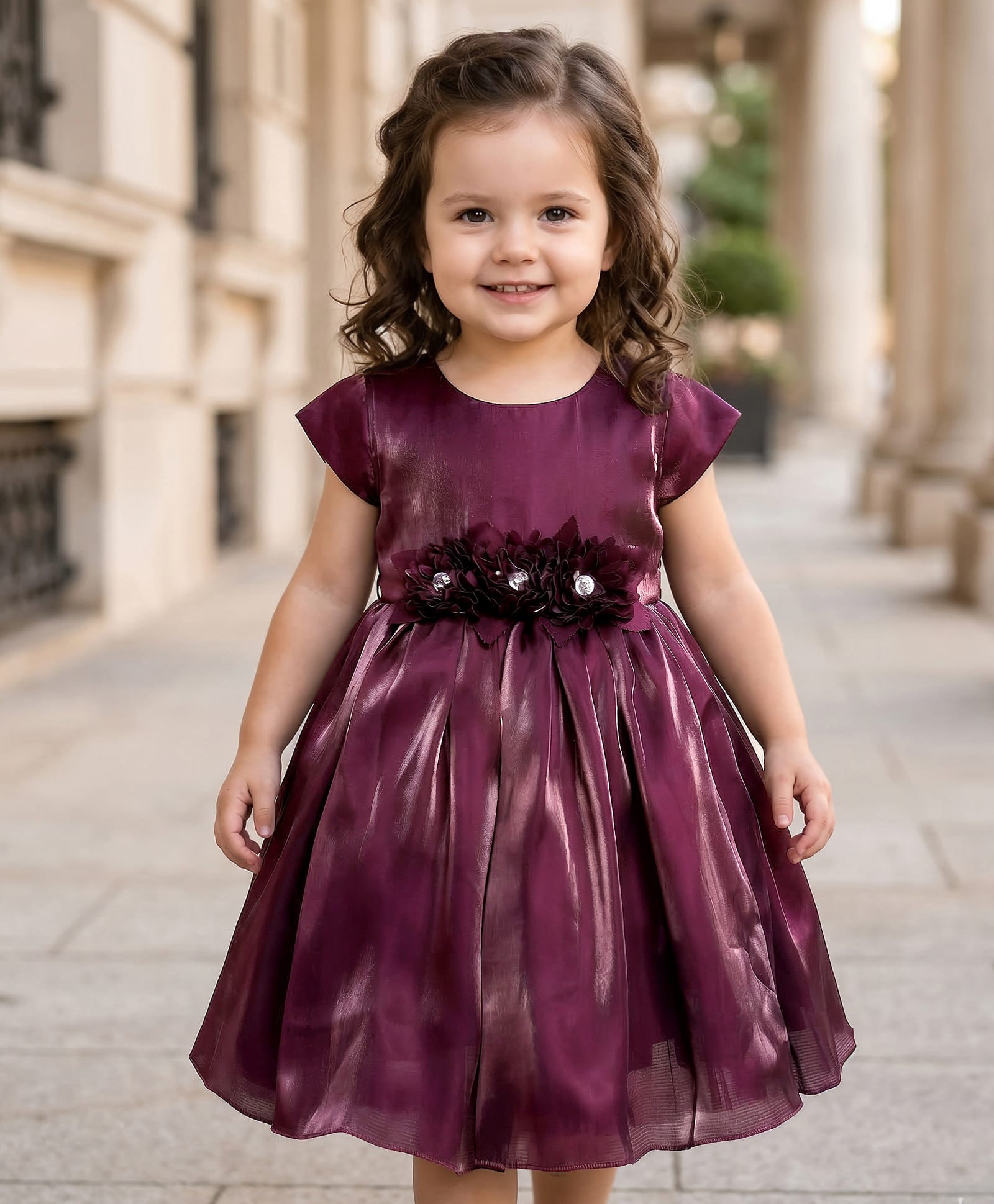 Babyhug Woven Cap Sleeves Party Dress With Floral Corsage Detailing - Wine-image-33