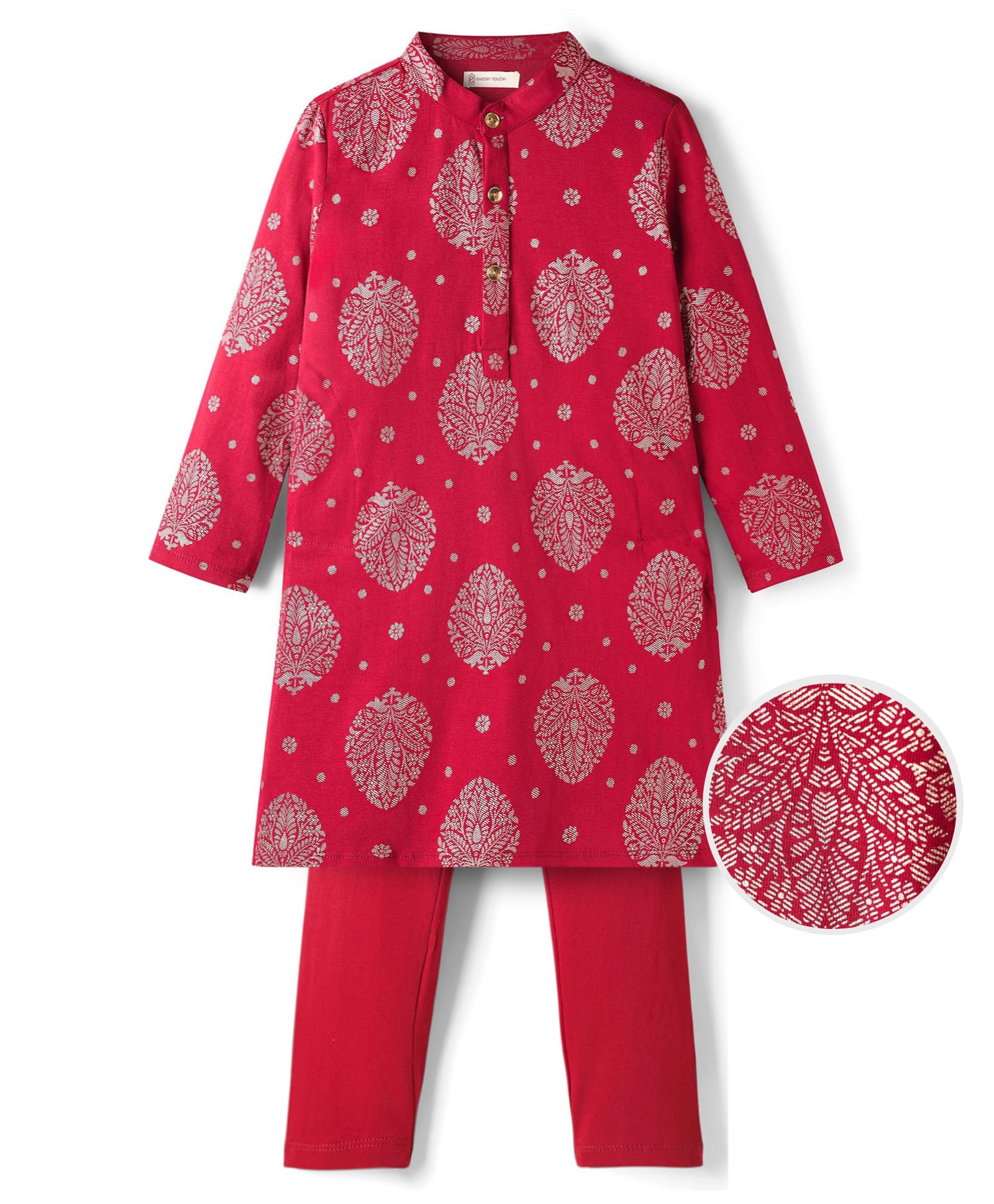 EARTHY TOUCH Single Jersey Knit Full Sleeves Kurta Pyjama Set with Floral Glitter Print - Red-image-26