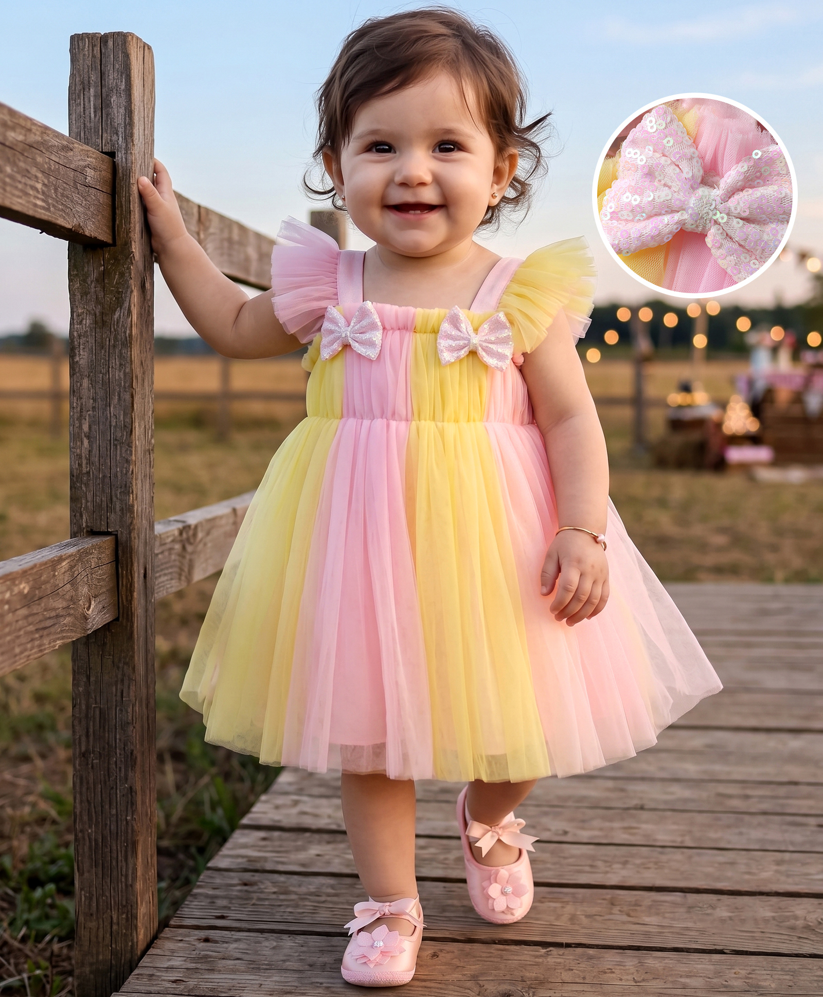 Babyhug Woven Frill Sleeves Mesh Party Dress with Booties Bow Applique & Sequin Detailing - Yellow-image-47