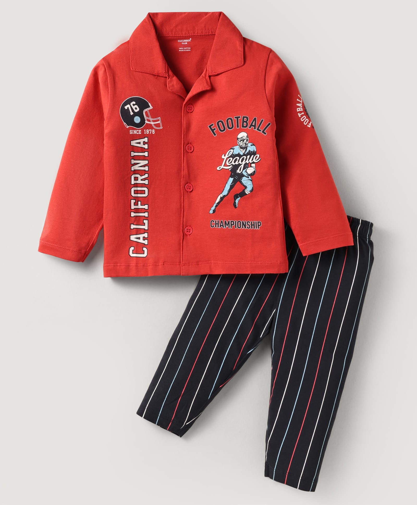 CUCUMBER Sinker Knit Full Sleeves Night Suit With Football Print - Red-picture-49