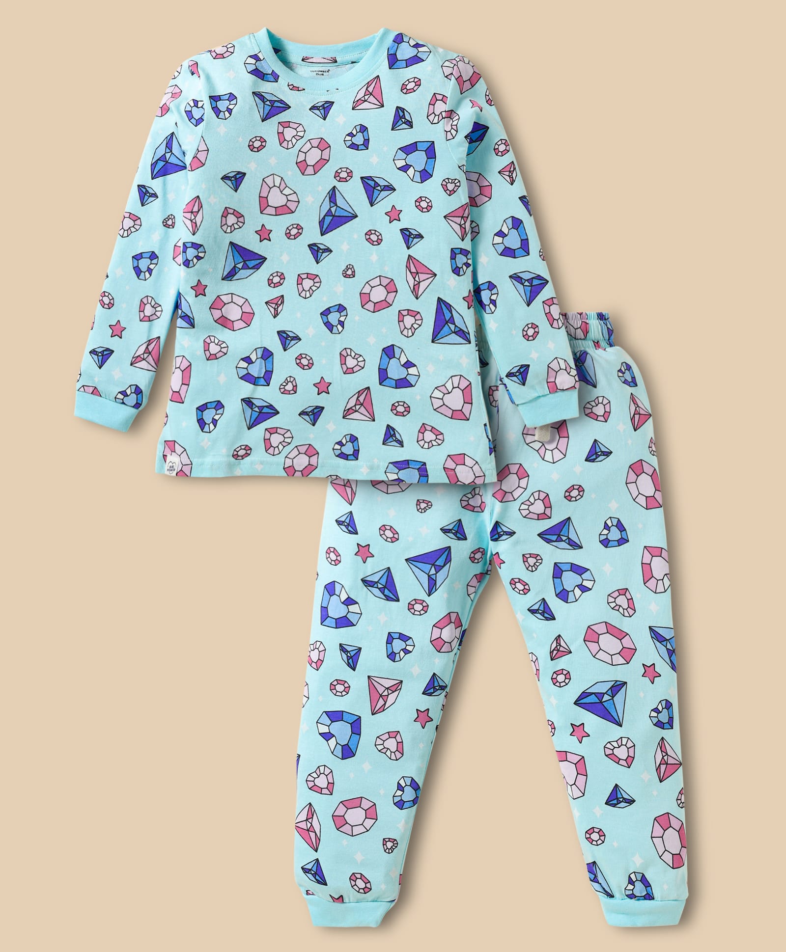 CUCUMBER Sinker Knit Full Sleeves Co-Ord Night Suit With Diamond Print - Mint-image-47