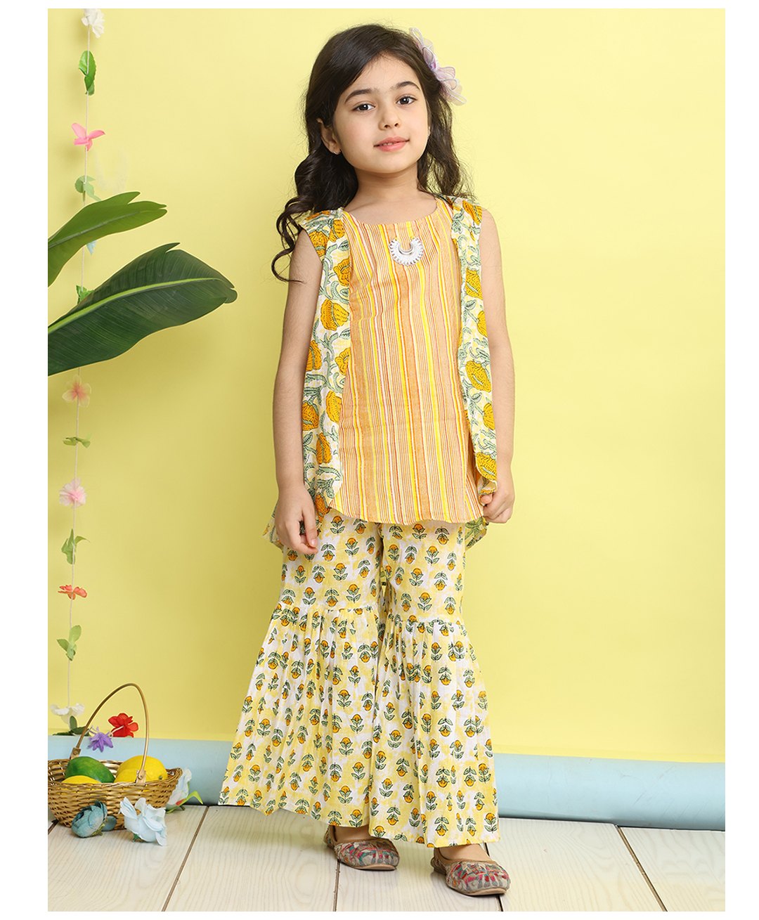 Kinder Kids Cotton Woven Sleeveless Striped Kurta & Floral Printed Sharara With Jacket Set - Yellow-image-44