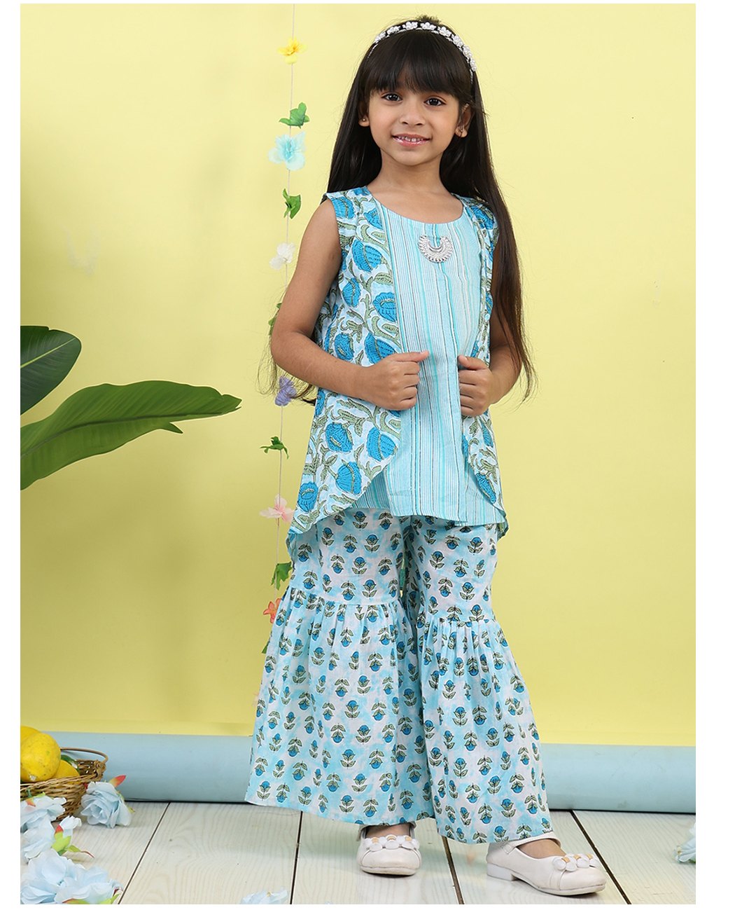 Kinder Kids Cotton Woven Sleeveless Striped & Floral Printed Kurta & Sharara With Jacket Set - Blue-image-15