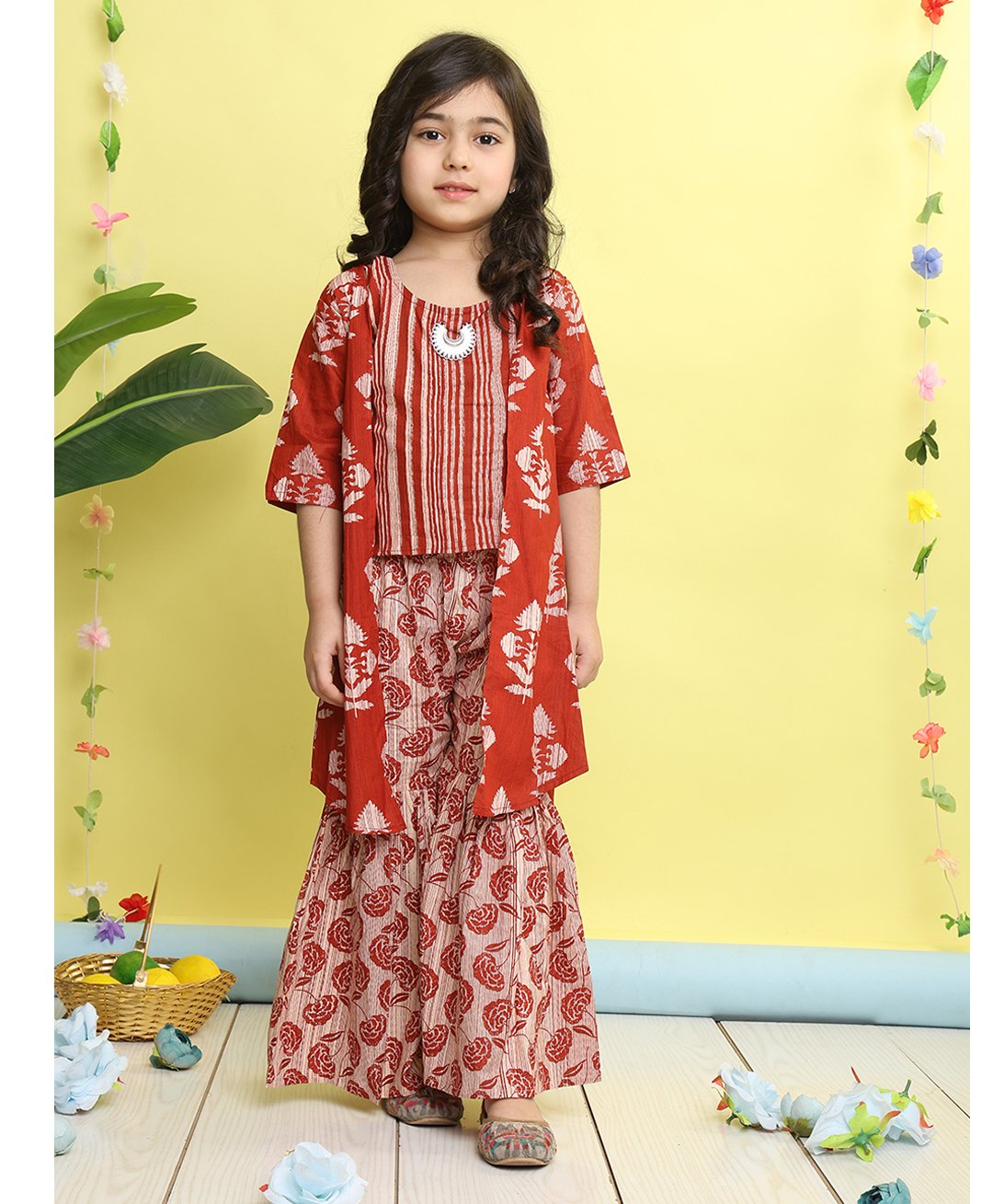 Kinder Kids Cotton Woven Striped & Floral Printed Top & Sharara With Three Fourth Sleeves Jacket Set - Red-image-40