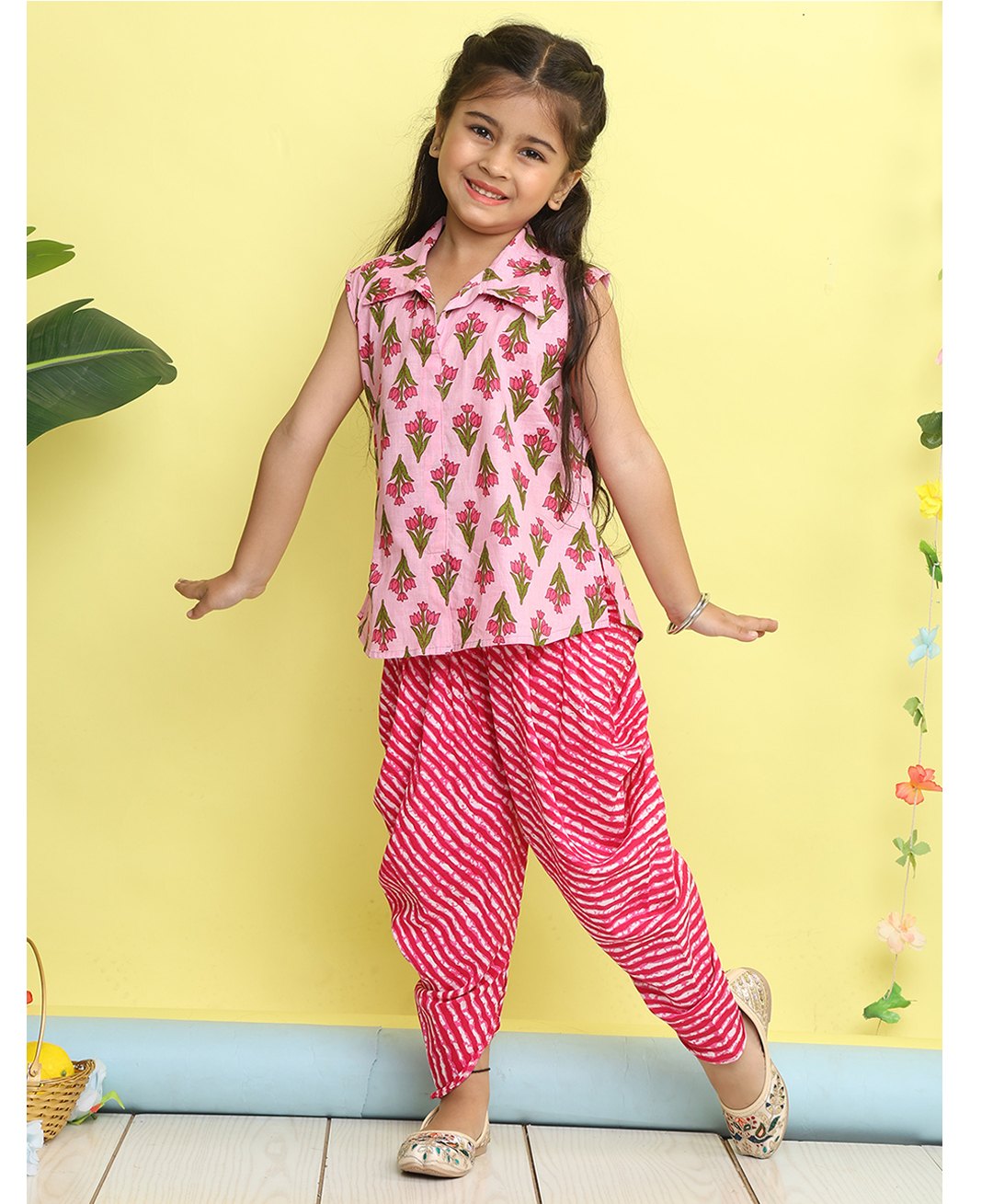 Kinder Kids Cotton Woven Sleeveless Leheriya & Floral Printed Kurti & Dhoti Set - Pink-image-8