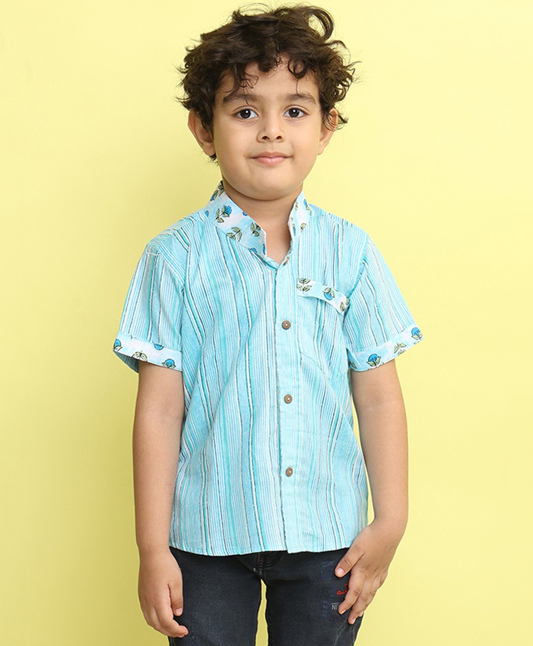 Kinder Kids Cotton Woven Half Sleeves Striped & Placket Floral Printed Shirt - Blue-picture-24