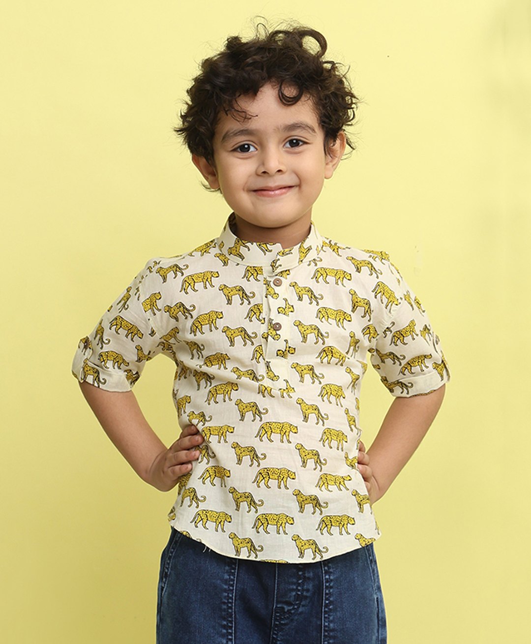 Kinder Kids Cotton Woven Three Fourth Sleeves Leopard Printed Shirt - White-picture-24
