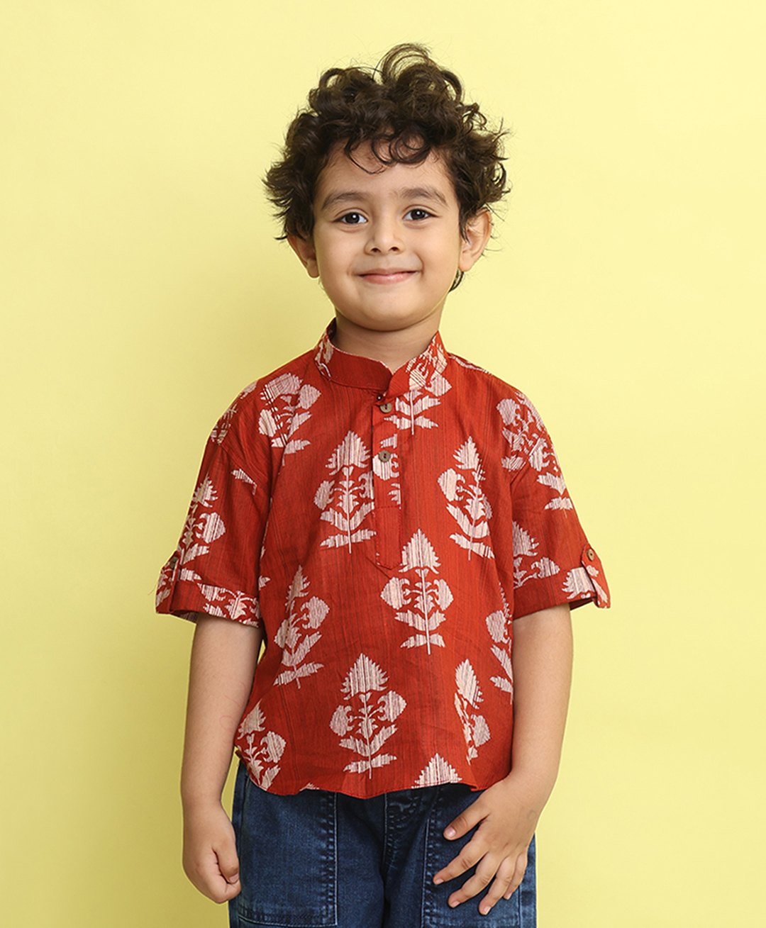Kinder Kids Cotton Woven Three Fourth Sleeves Floral Printed Shirt - Red-picture-26