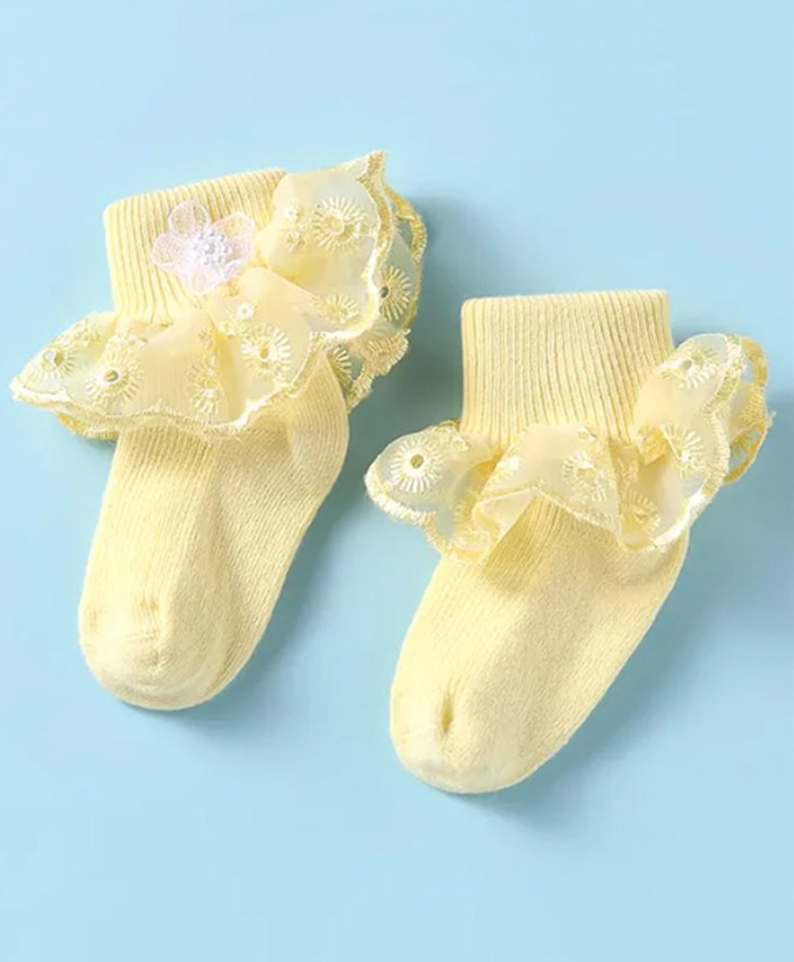 Akinos Kids Cotton Ruffle Detailed & Floral Embroidered Socks - Yellow-image-45