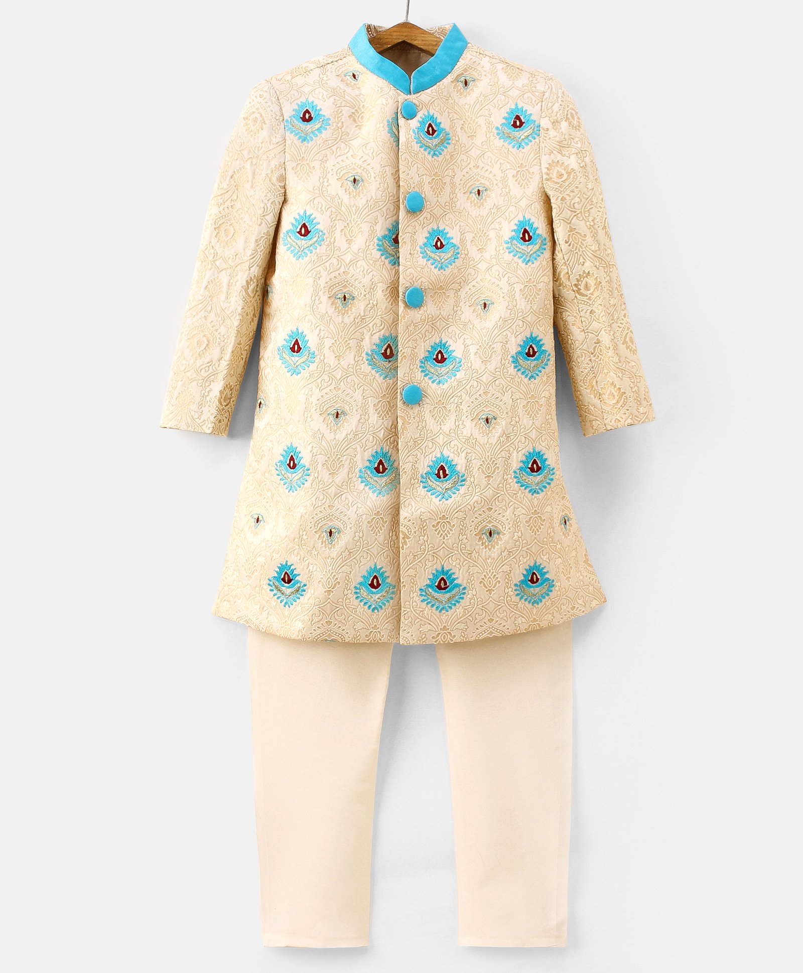 Babyoye Full Sleeves Sherwani And Pajama Embroidery - Beige-image-4