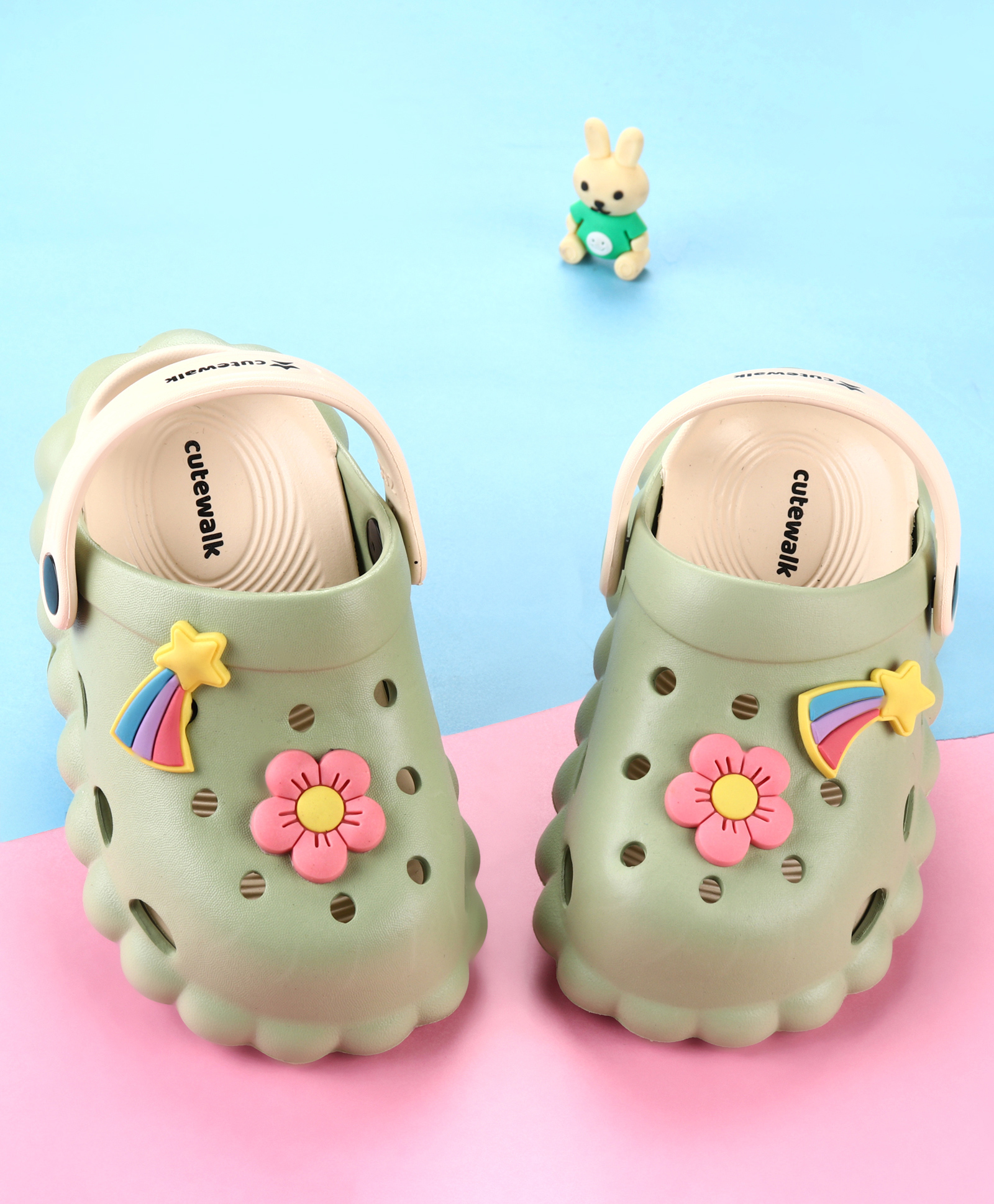 Cute Walk by Babyhug Back Strap Closure Clogs with Floral & Star Applique - Mint Green-image-41