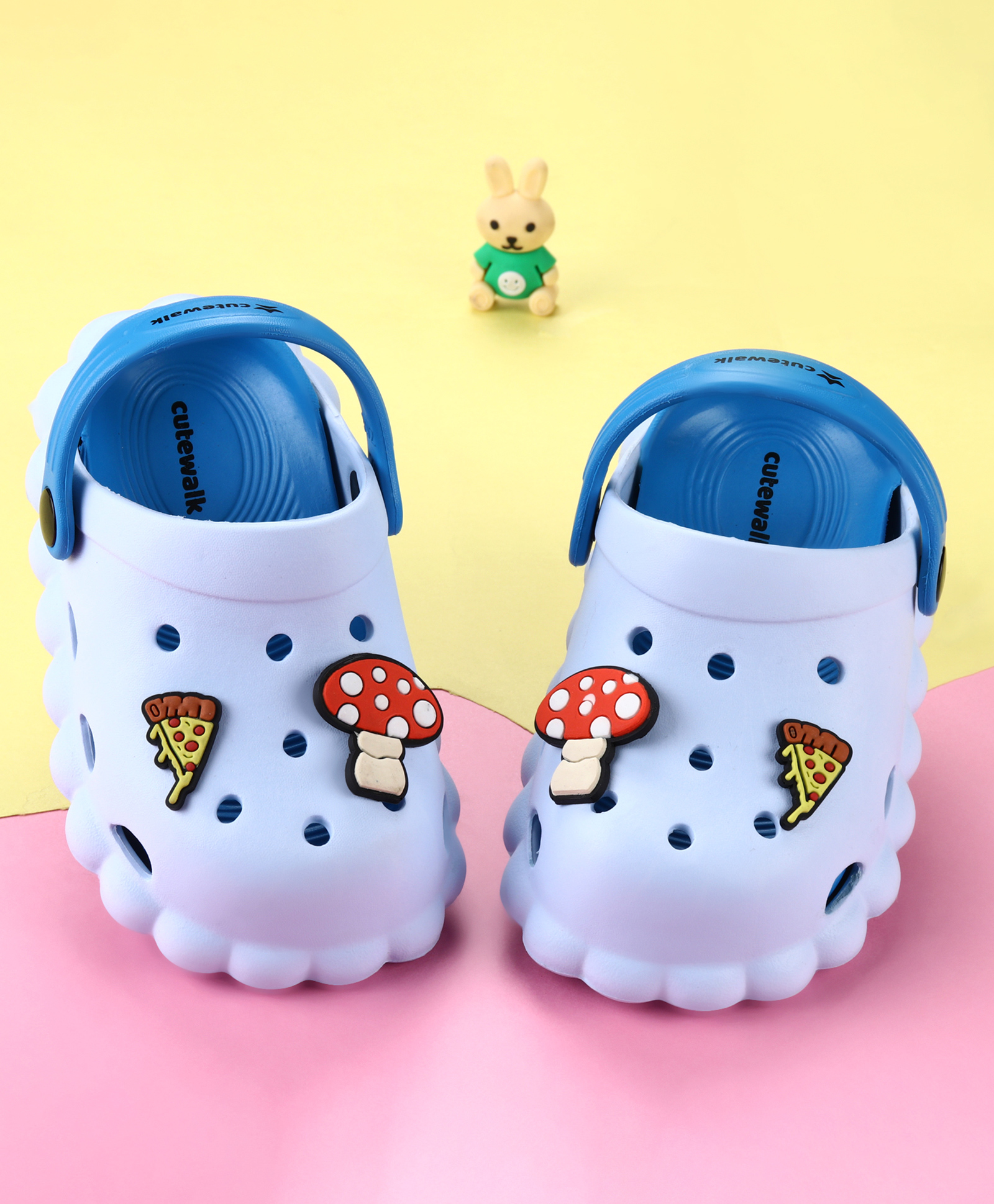 Cute Walk by Babyhug Back Strap Closure Clogs with Mushroom & Pizza Applique - Light Blue