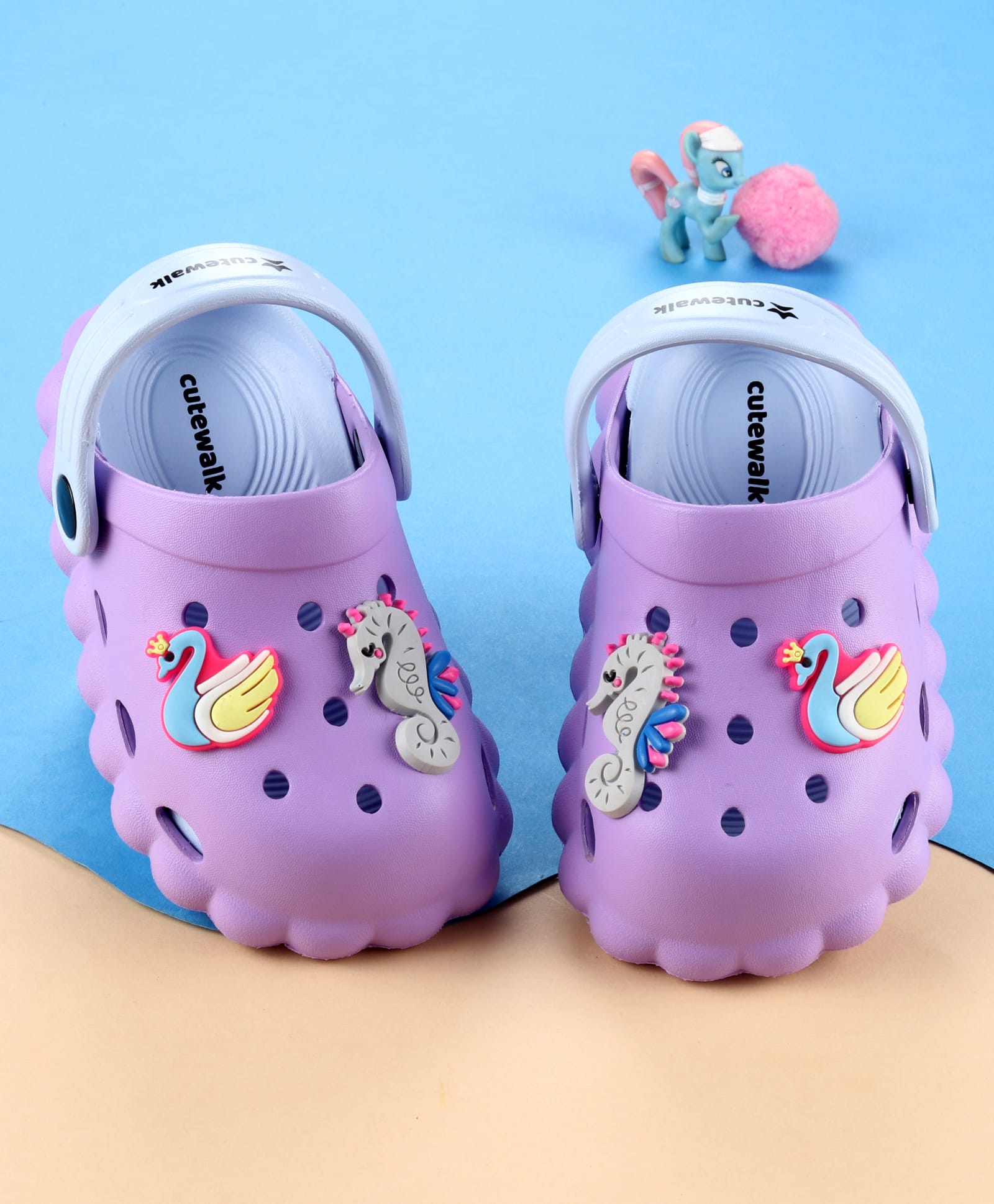 Cute Walk by Babyhug Back Strap Closure Clogs with Duck & Seahorse Applique - Purple