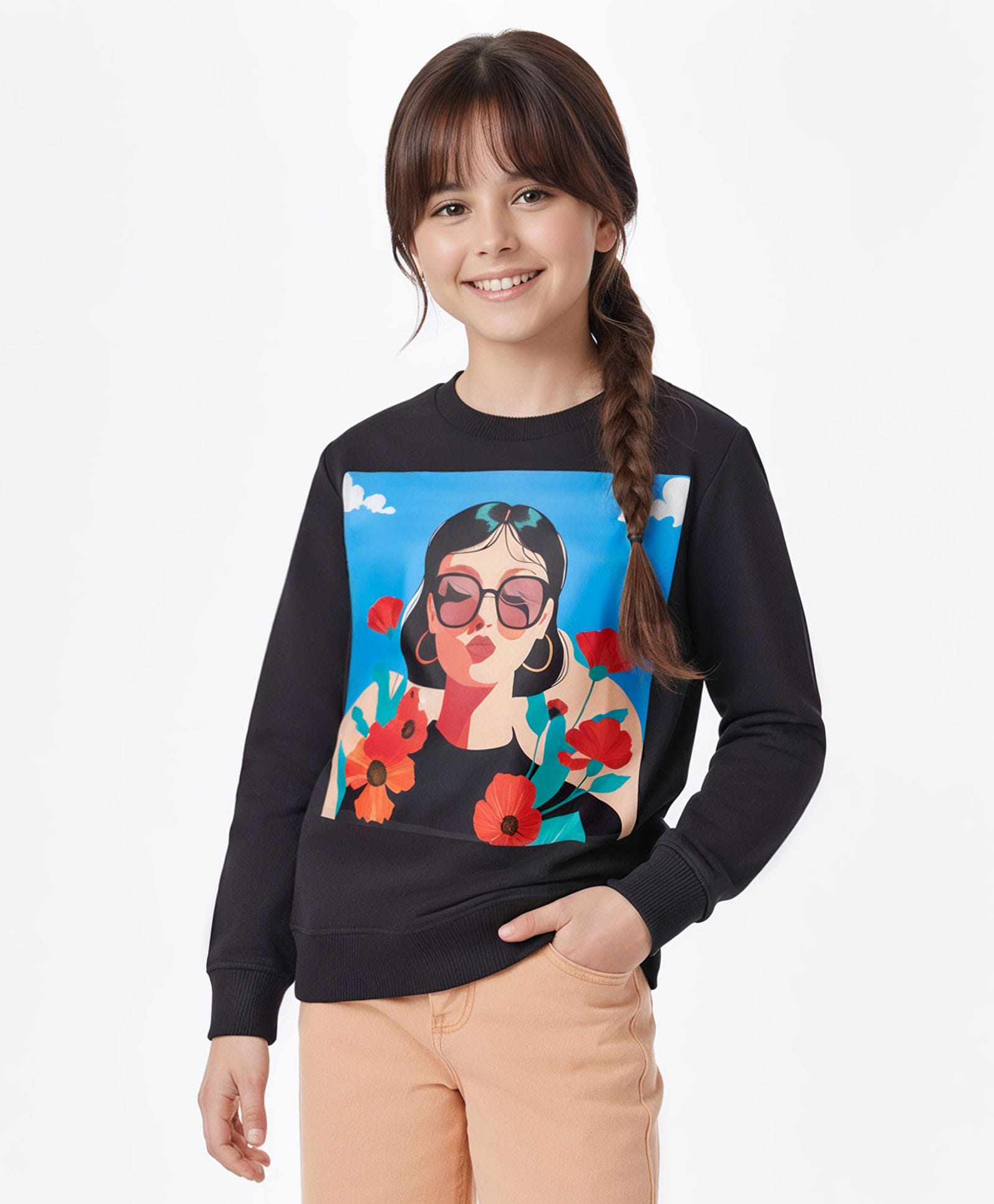 Pine Kids Knit Full Sleeves Sweatshirt with Tropical Theme Print - Black-picture-11