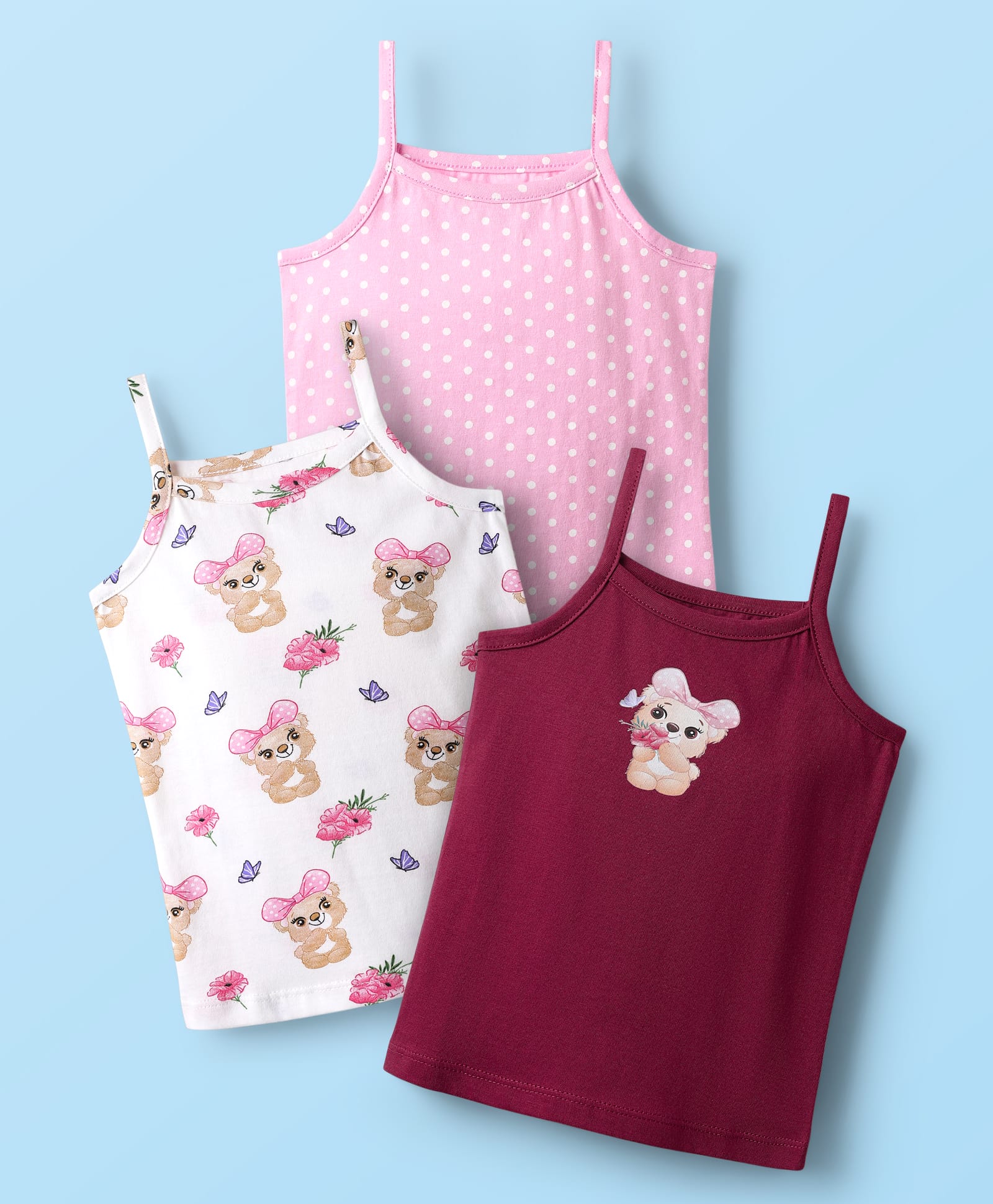 Babyhug 100% Cotton Sleeveless Teddy Bear & Polka Dots Printed Slips Pack Of 3 - Multi Colour