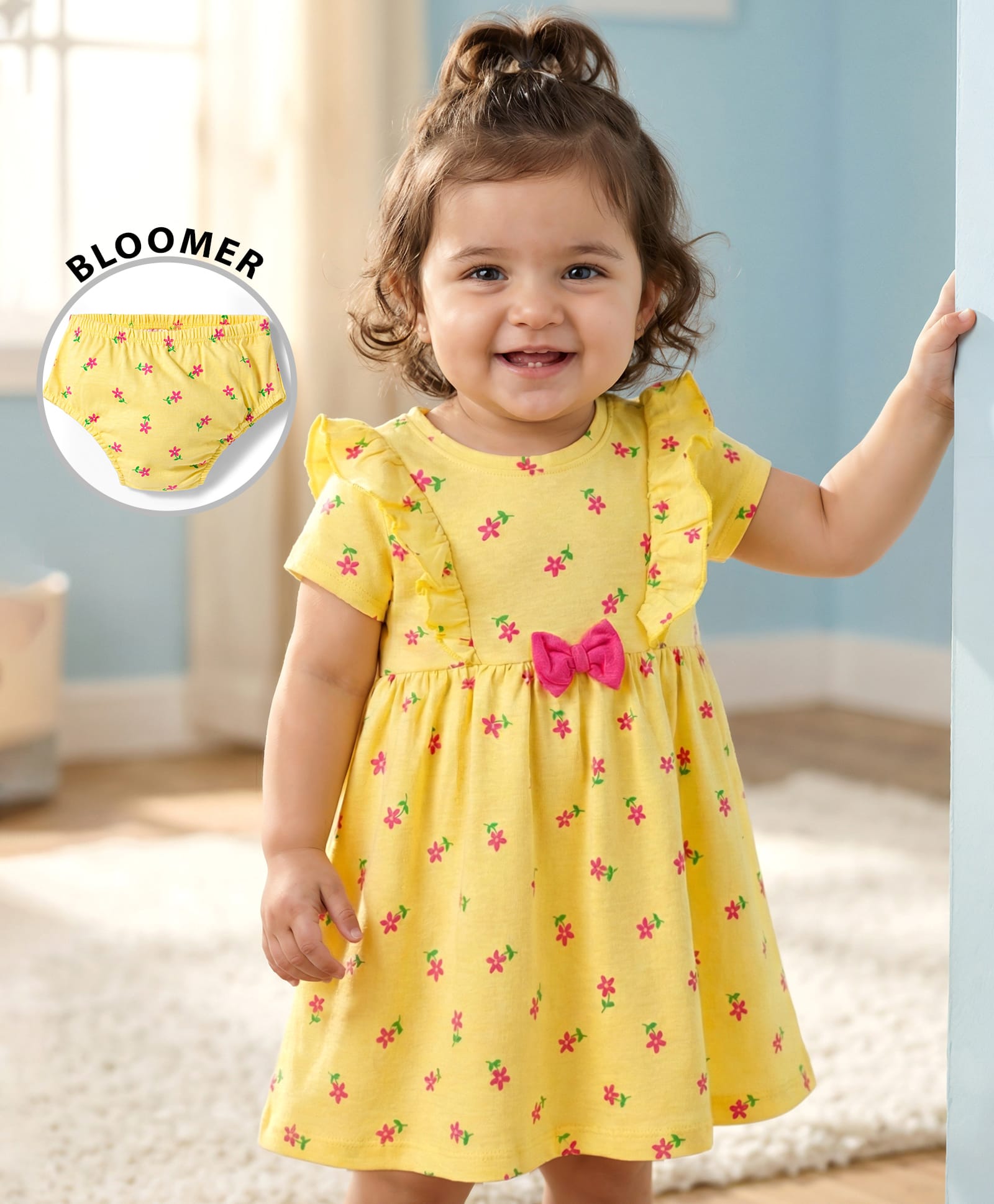 Babyhug Single Jersey Knit Half Sleeves Floral Printed Frock with Bloomer & Bow Applique - Yellow-picture-38