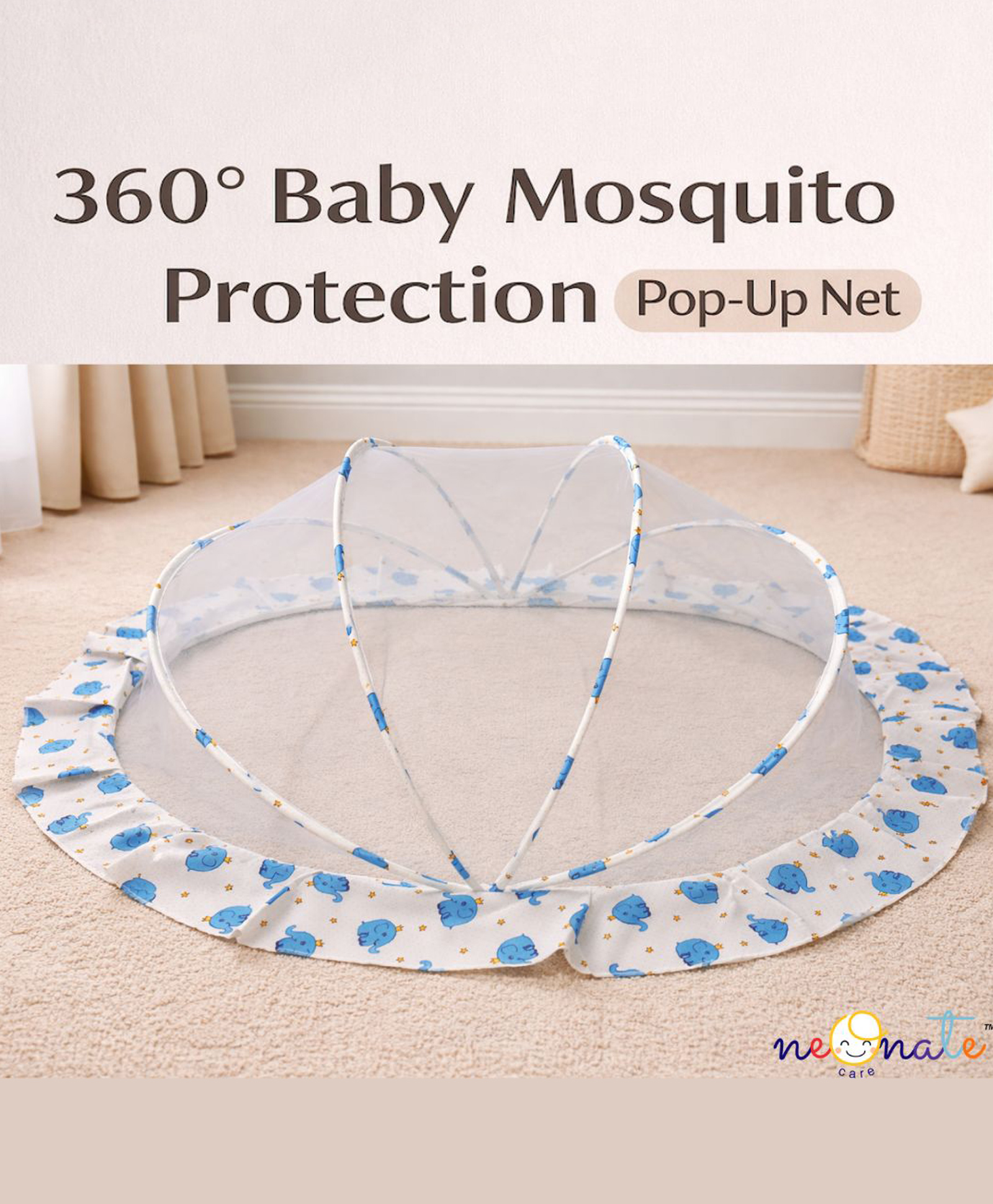 NeonateCare Pop Up Mosquito Net Large Size foldable Mosquito Net - Blue Elephant print-picture-29