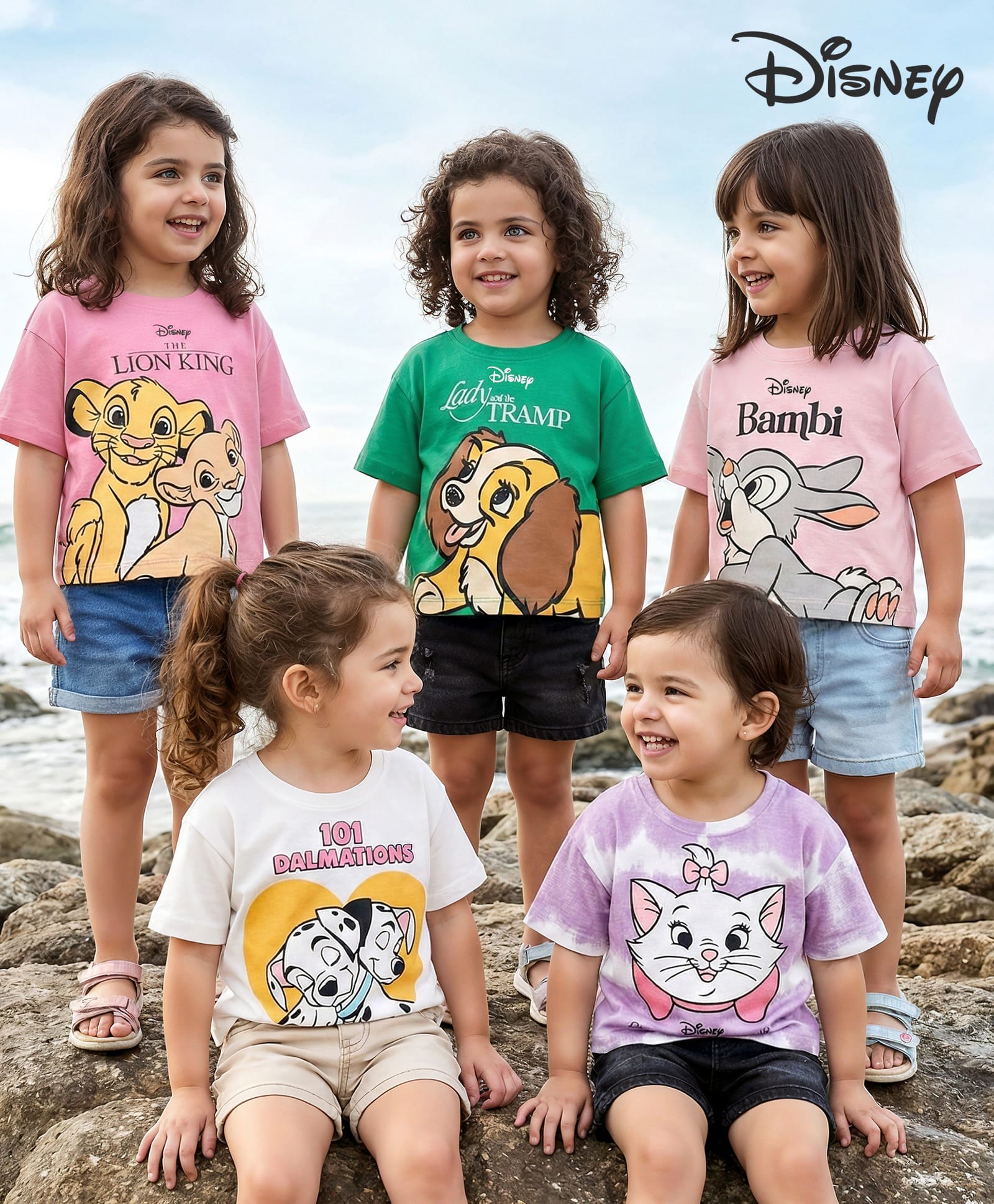 Babyhug Disney Single Jersey Knit Half Sleeve T-Shirts with Disney Characters Graphics Pack of 5 - Pink, White & Green