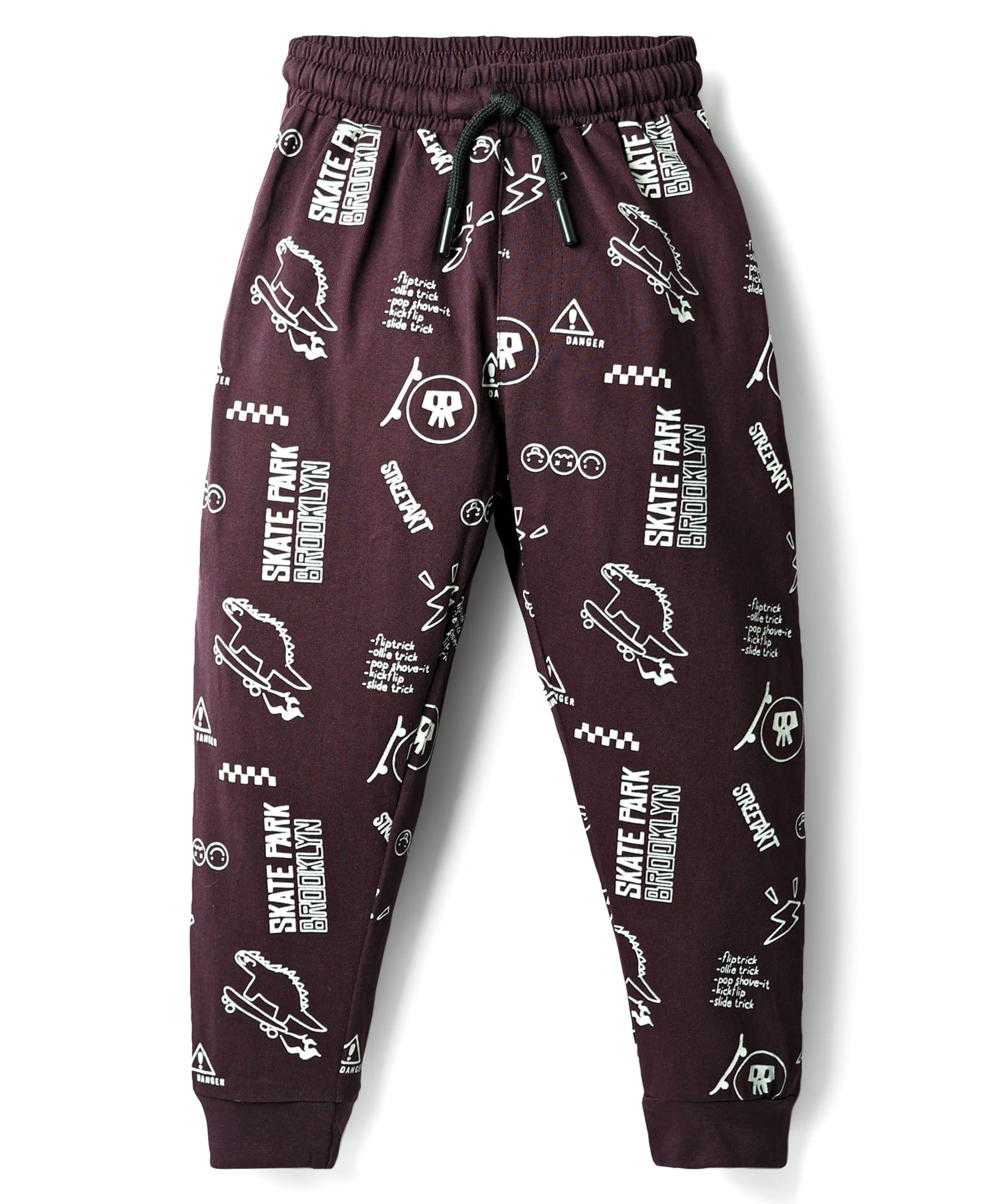 Evimo Single Jersey Knit Full Length Lounge Pant With Dino Skateboarding Print - Burgandy-picture-29